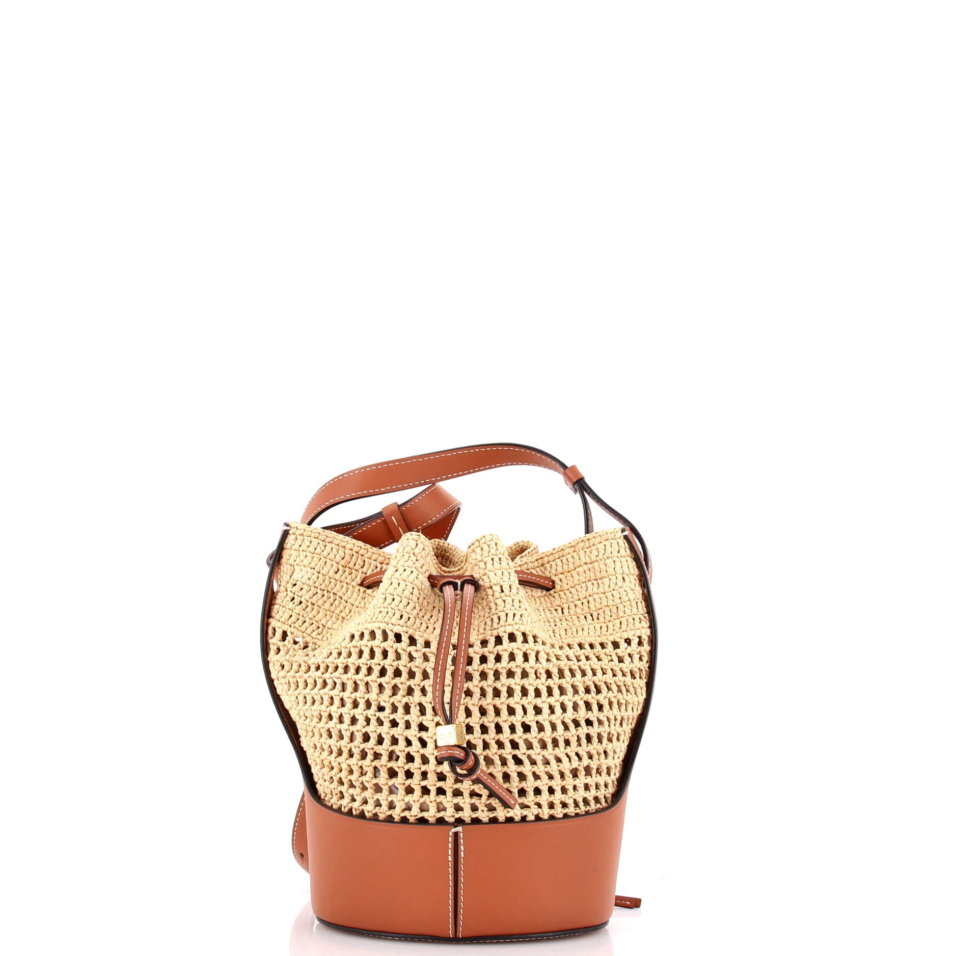 Balloon Bucket Bag Raffia and Leather Small