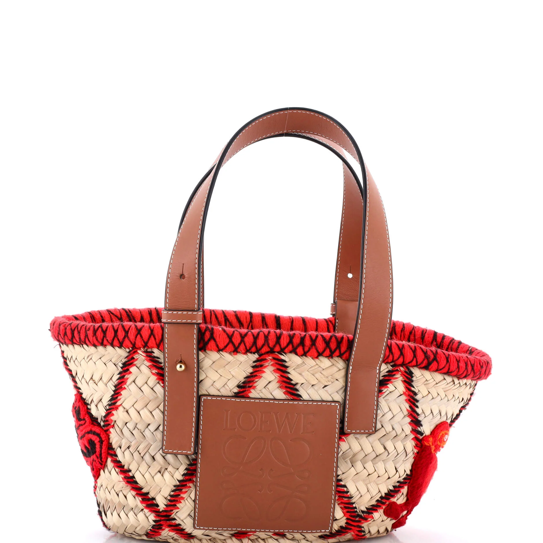 Basket Tote Embroidered Raffia Medium