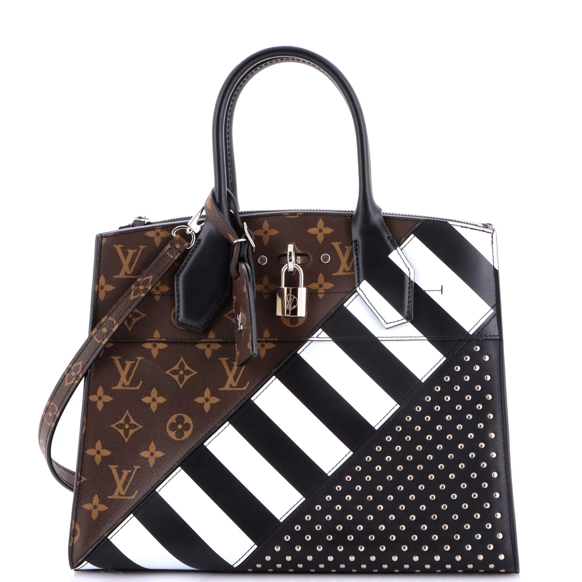 City Steamer Handbag Studded Leather and Monogram Canvas MM