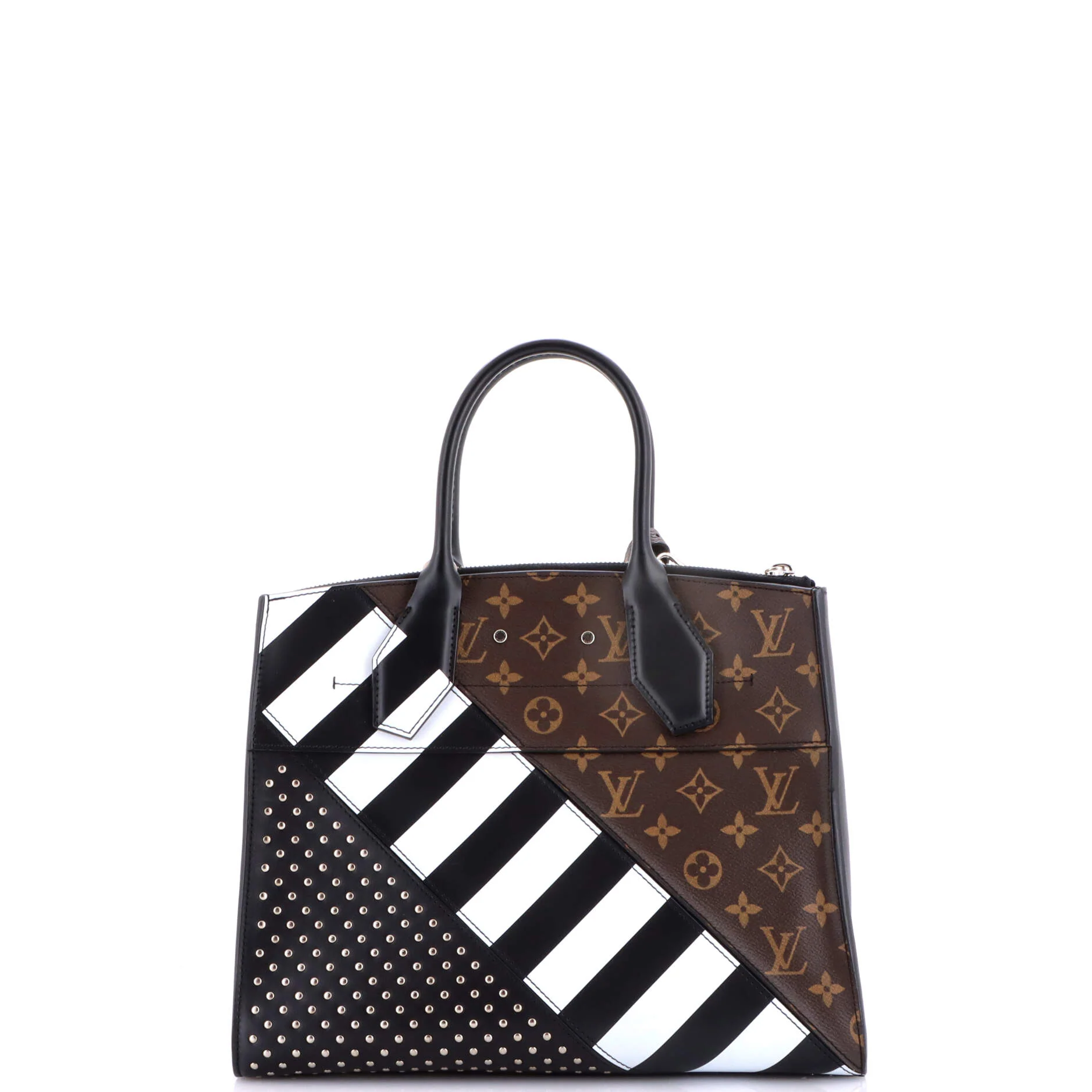 City Steamer Handbag Studded Leather and Monogram Canvas MM - Image 3