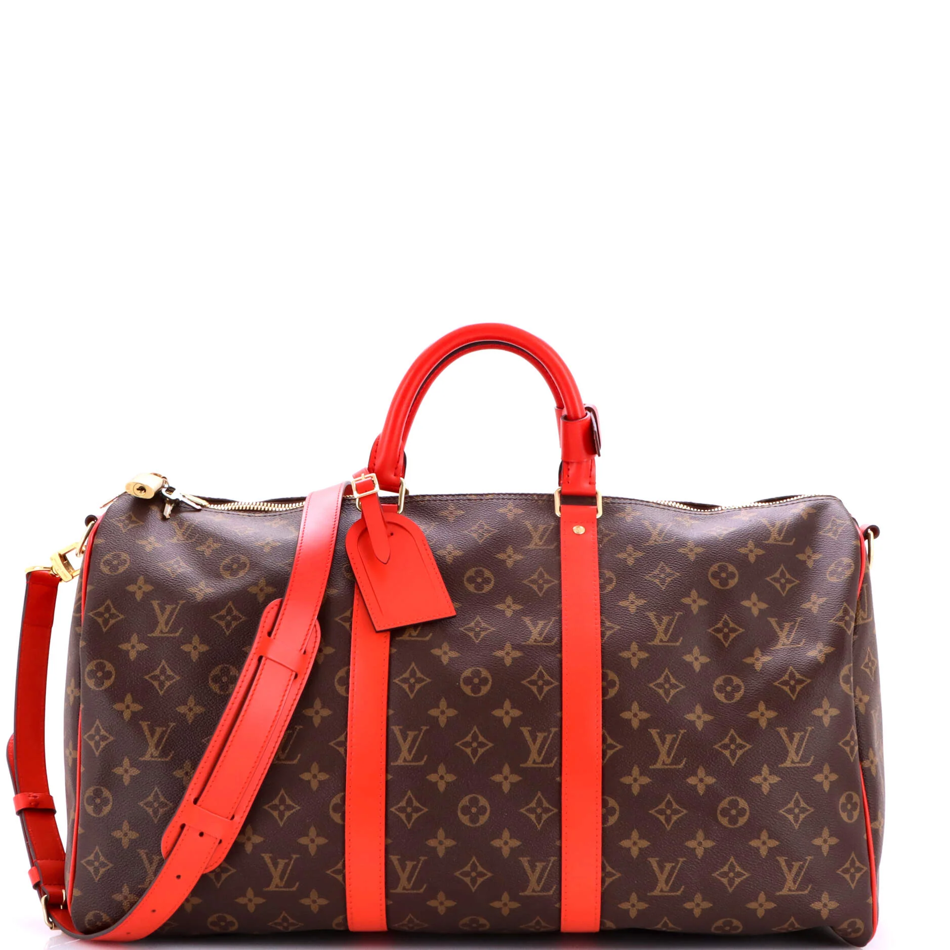 Keepall Bandouliere Bag Monogram Canvas with Coquelicot Leather Trim 50