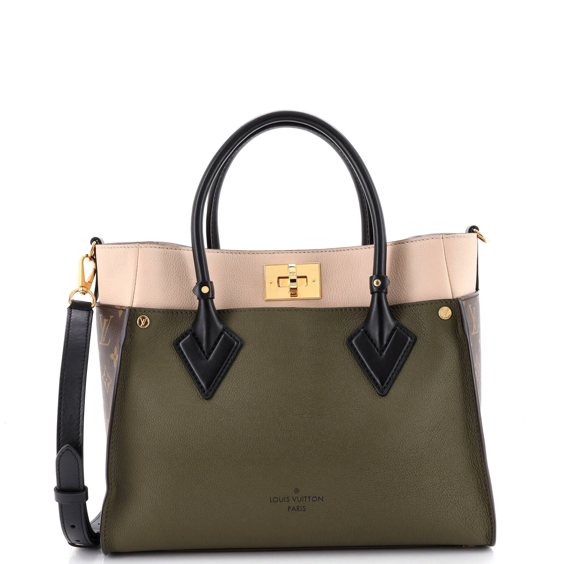 On My Side Tote Leather with Monogram Canvas MM