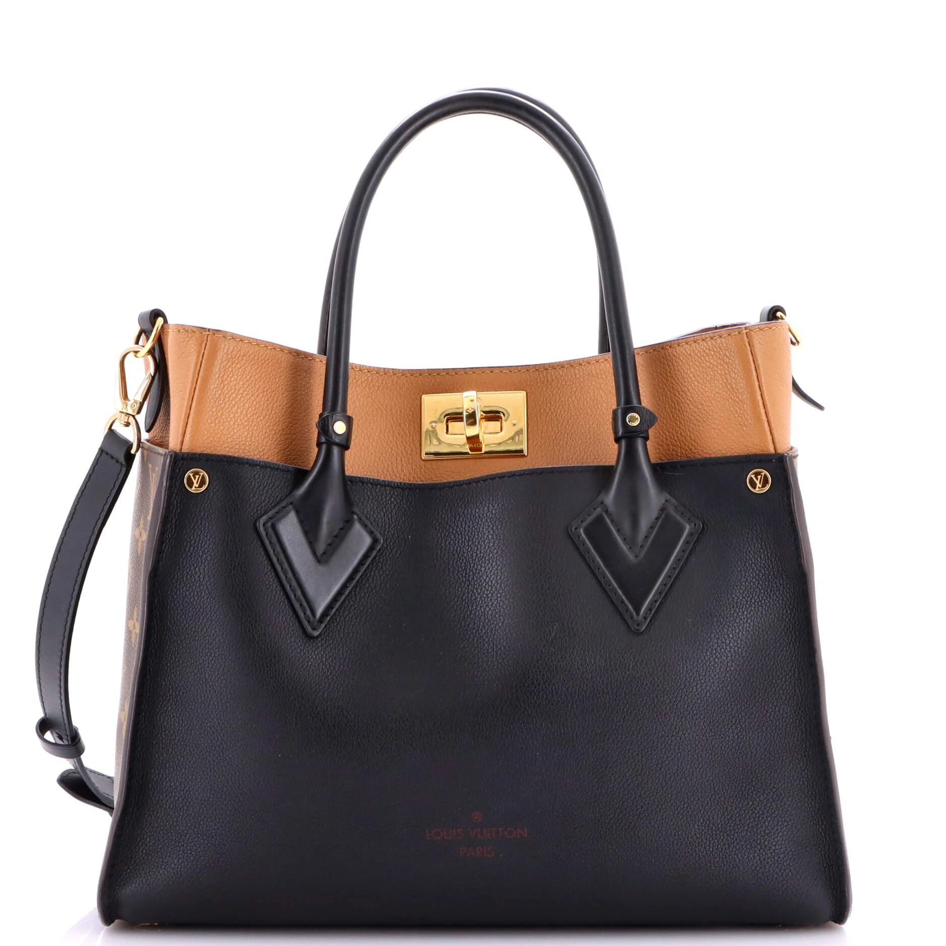 On My Side Tote Leather with Monogram Canvas MM