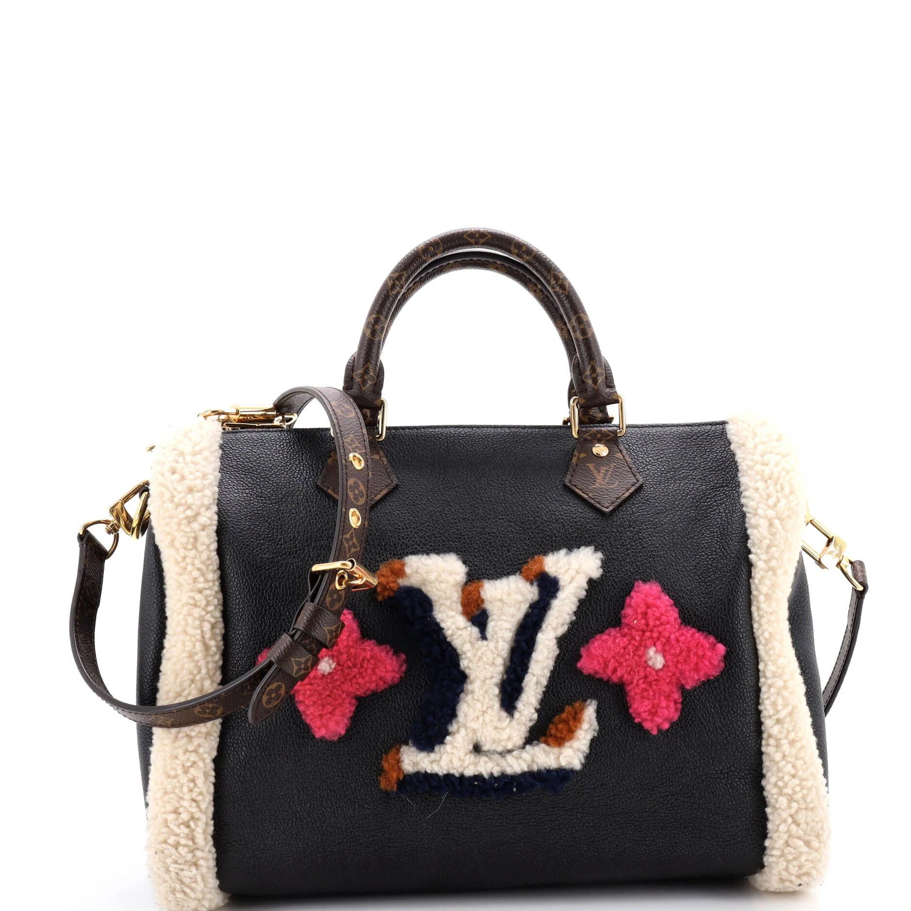 Speedy Bandouliere Bag Leather and Monogram Teddy Shearling 30