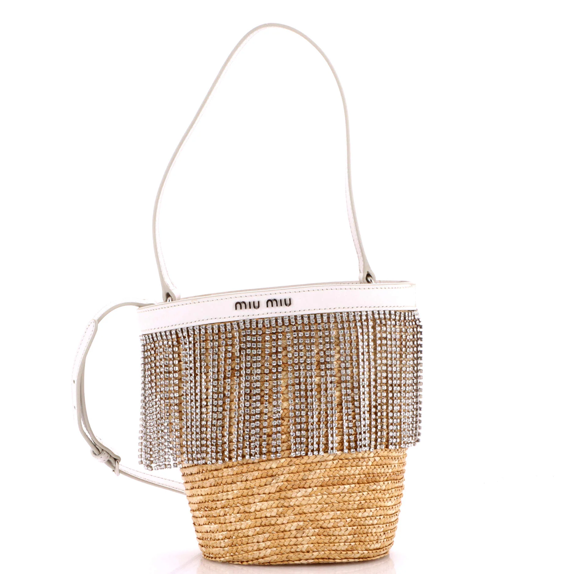 Fringe Bucket Bag Raffia with Crystals Small