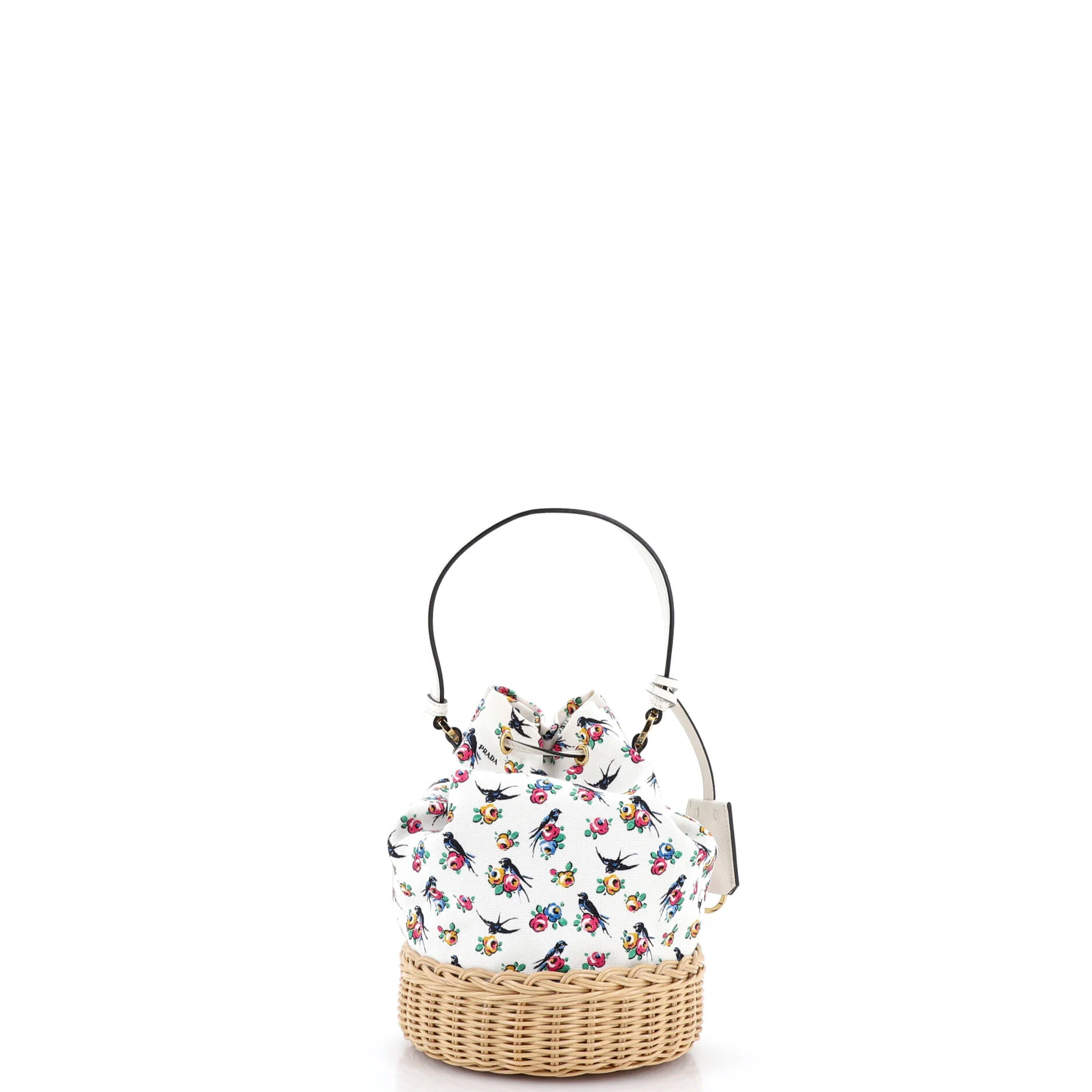 Drawstring Bucket Bag Printed Canvas and Wicker Small - Image 3