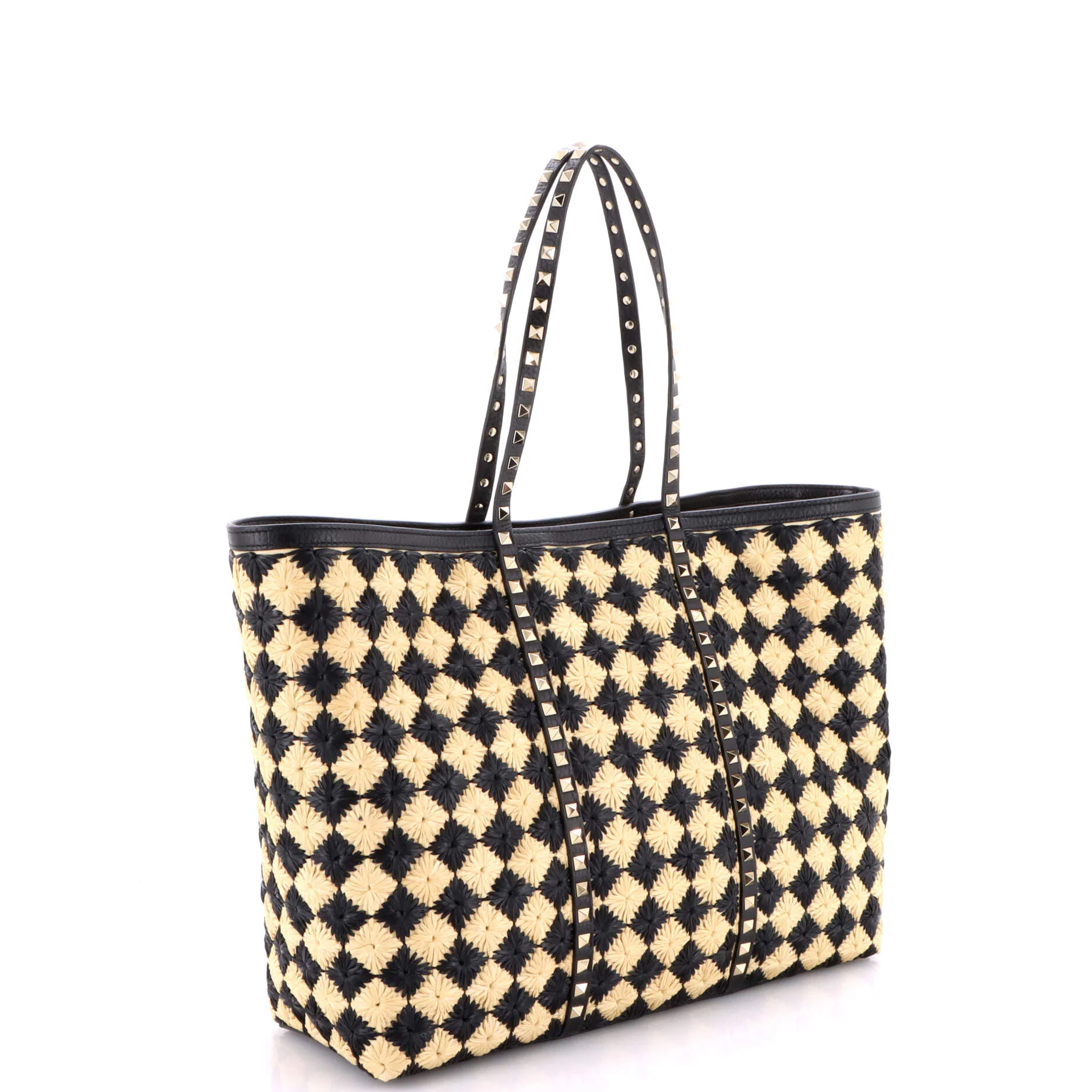 Rockstud Shopping Bag Check Embroidered Raffia Large - Image 3
