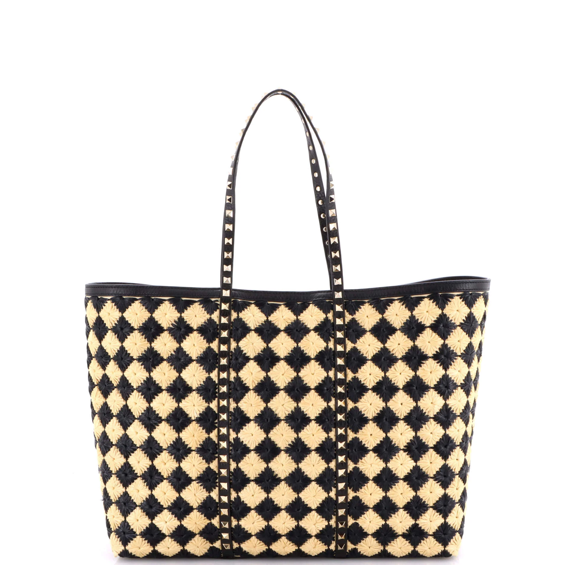 Rockstud Shopping Bag Check Embroidered Raffia Large - Image 4