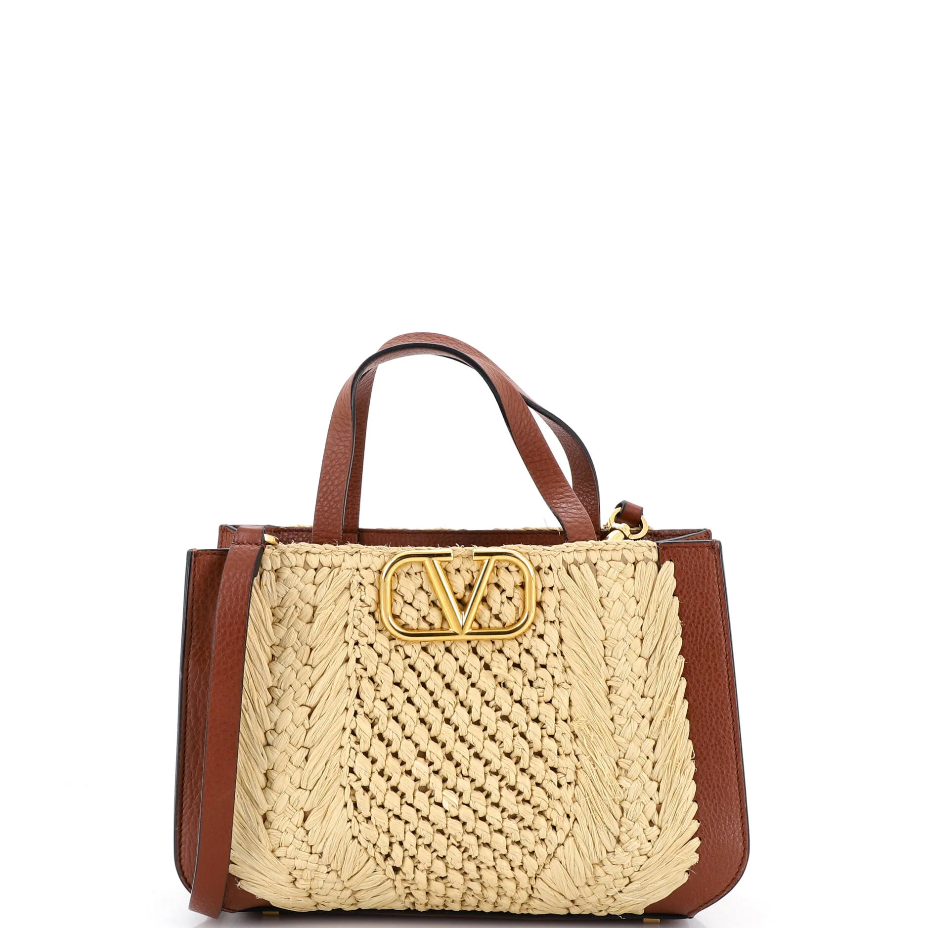 VLogo Shopper Tote Woven Raffia and Leather Small