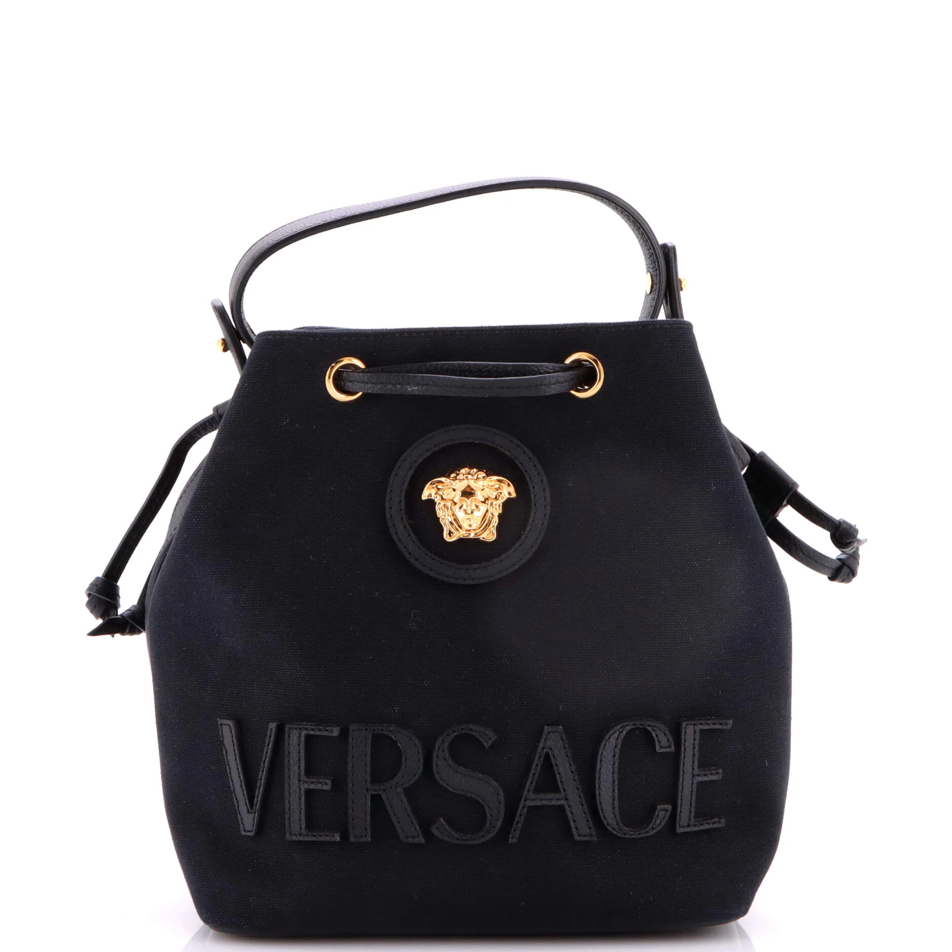 La Medusa Drawstring Bucket Bag Canvas with Leather Small