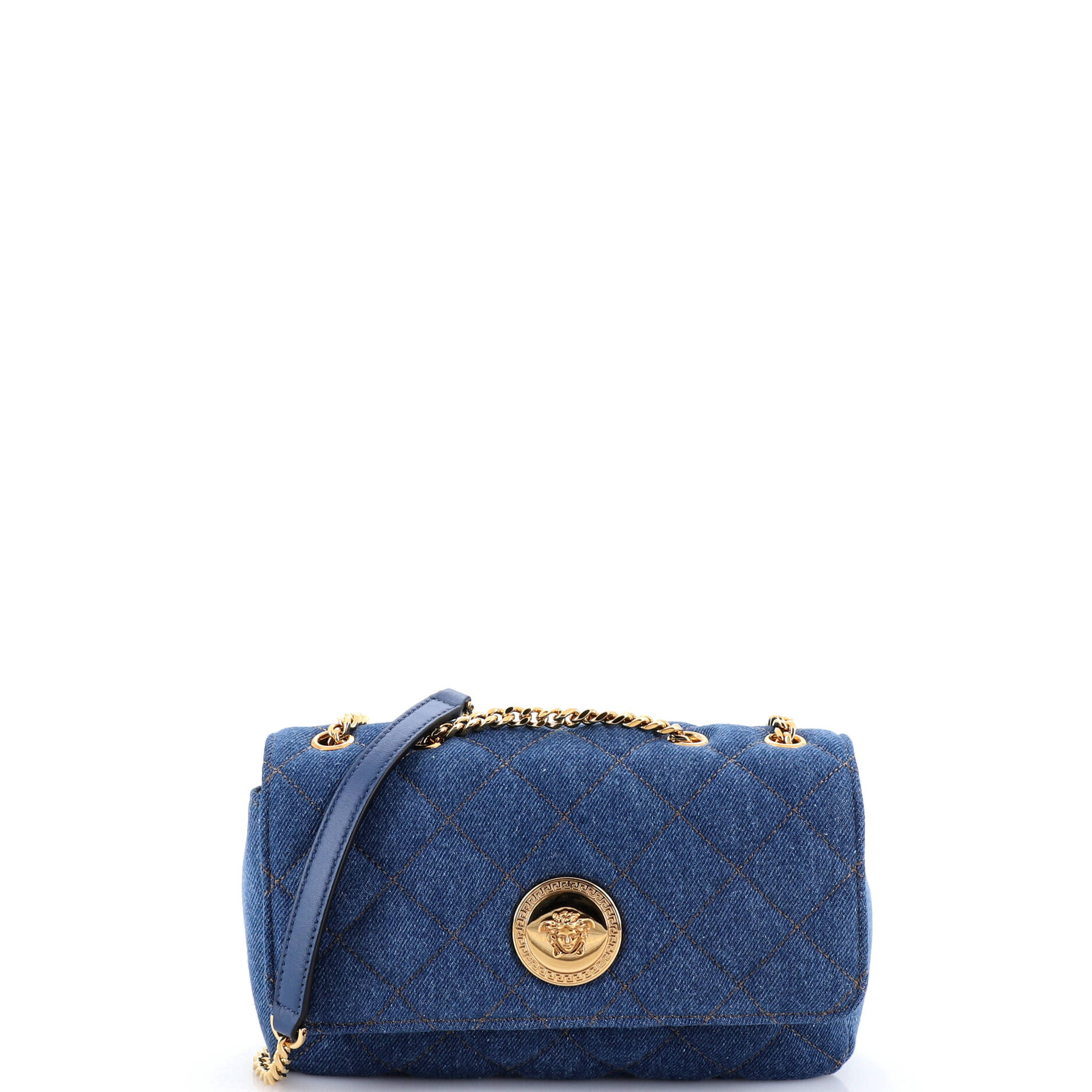 Medusa Icon Chain Flap Bag Quilted Denim Mini