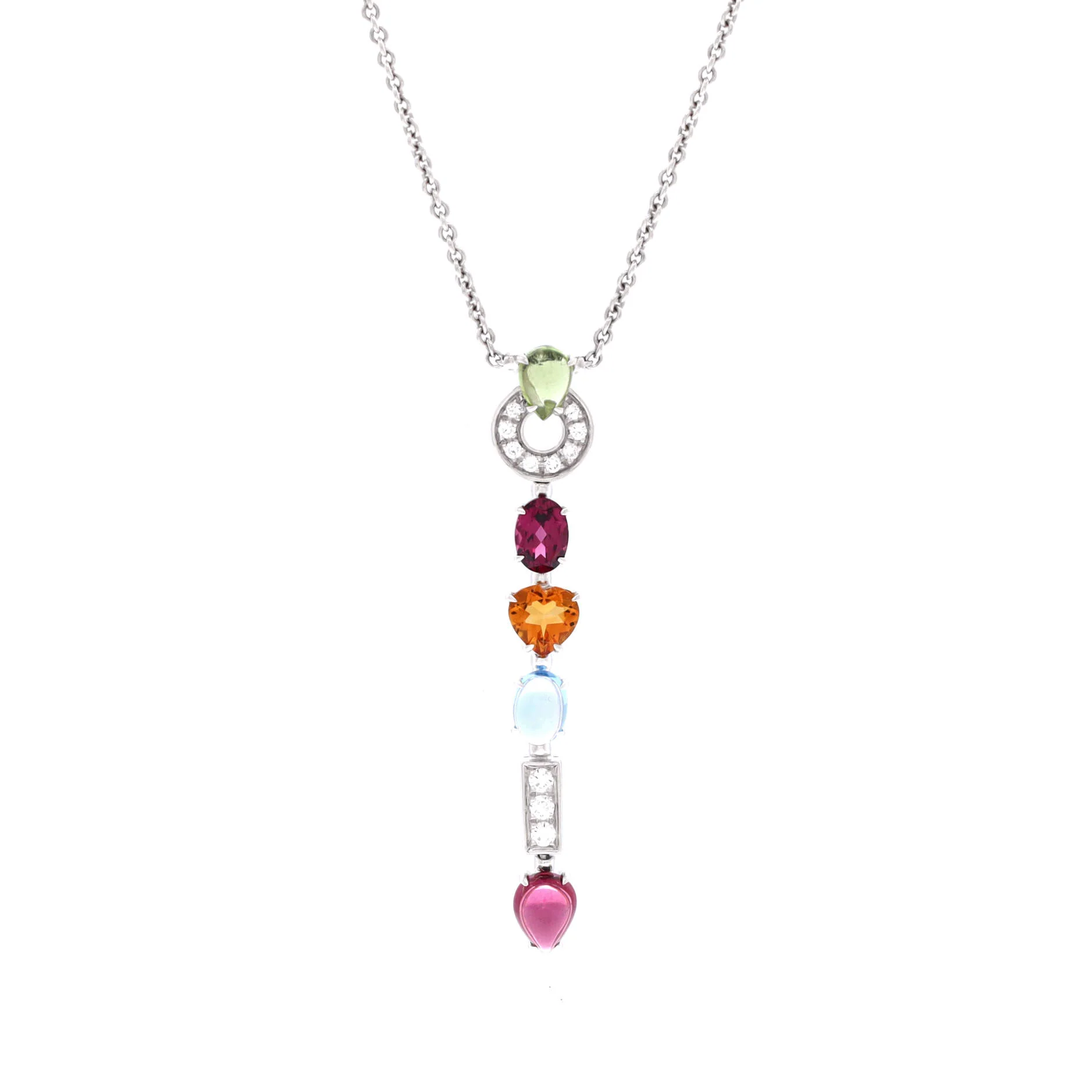 Allegra Drop Pendant Necklace 18K White Gold with Diamonds, Citrine, Peridot, Blue Topaz, Tourmaline and Garnet