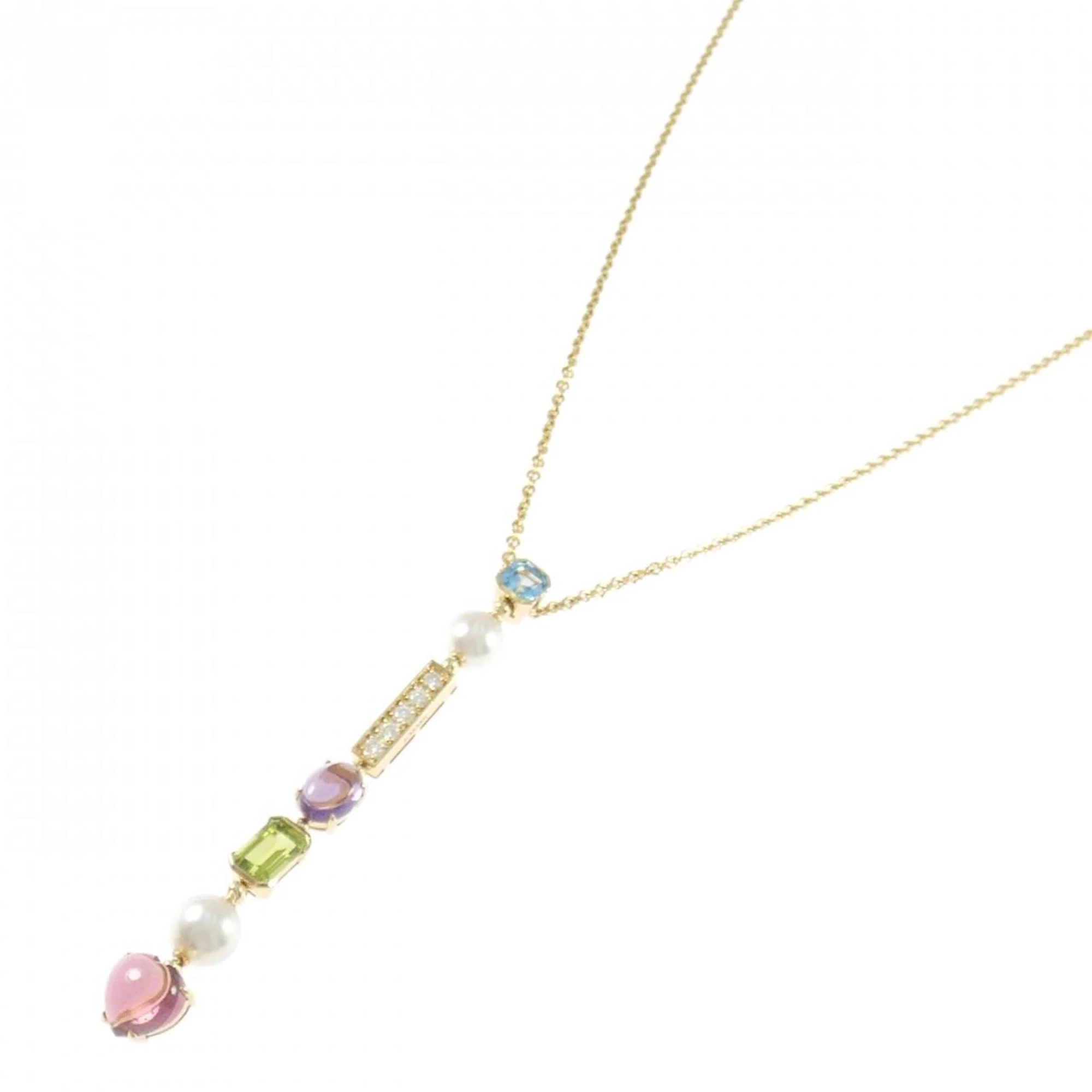 Pendant Necklace 18K Yellow Gold with Amethyst and Diamond and Pearl and Peridot and Topaz and Tourmaline - Image 2