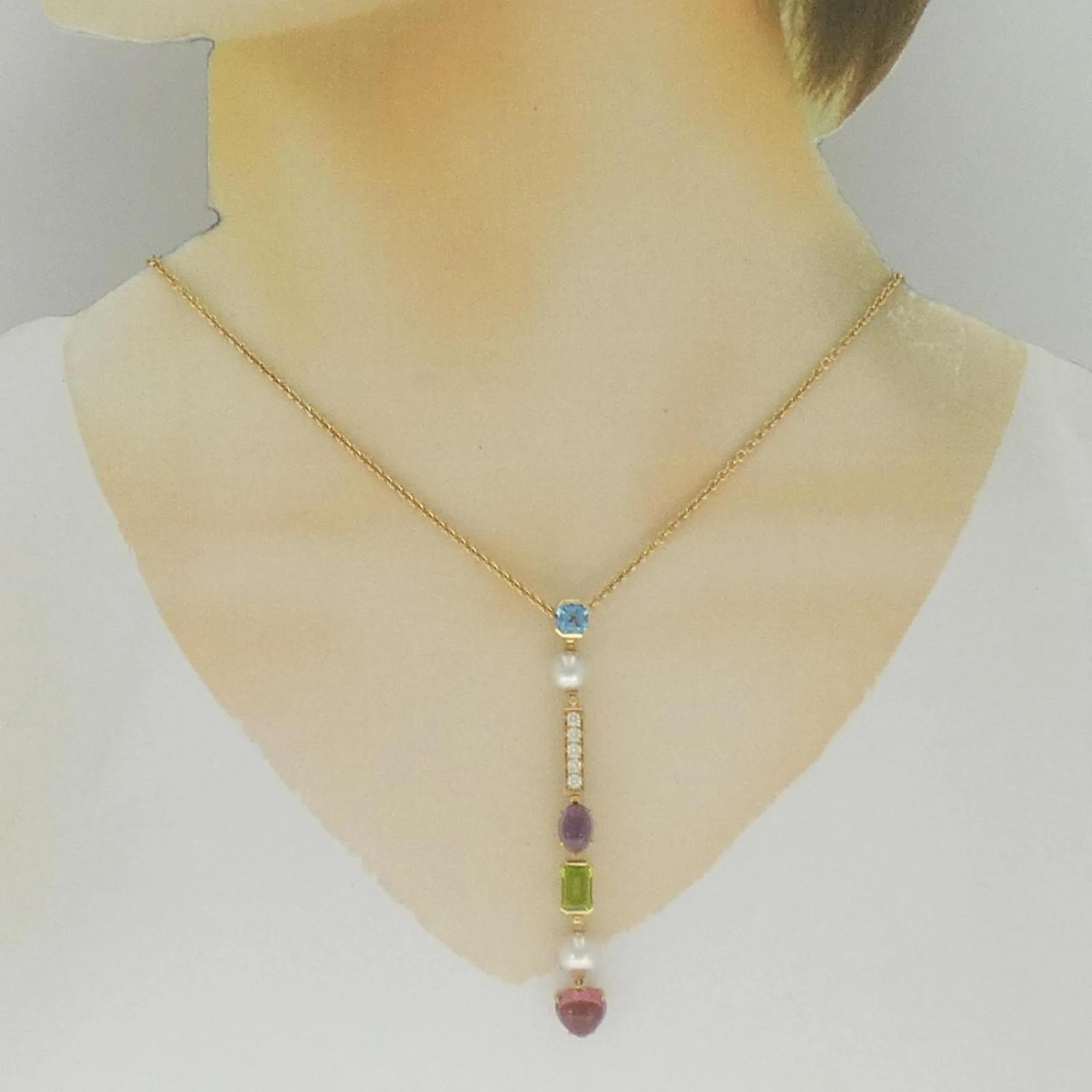 Pendant Necklace 18K Yellow Gold with Amethyst and Diamond and Pearl and Peridot and Topaz and Tourmaline - Image 6