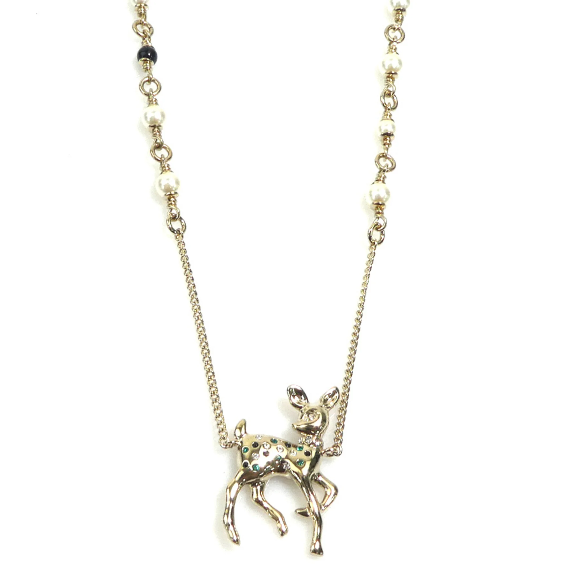 Bambi Pendant Necklace Metal With Faux Pearl Black Gold Green Off-White