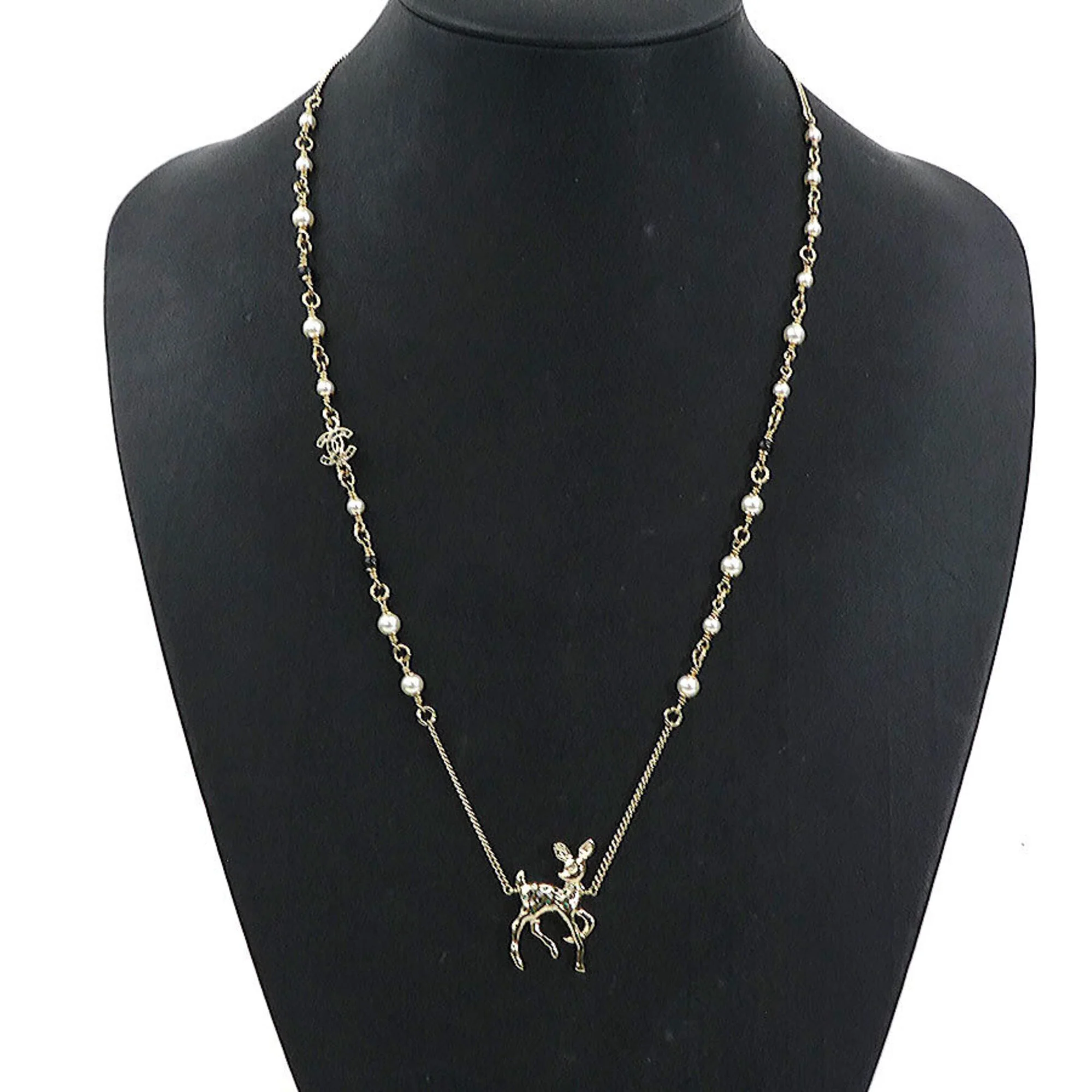 Bambi Pendant Necklace Metal With Faux Pearl Black Gold Green Off-White - Image 9