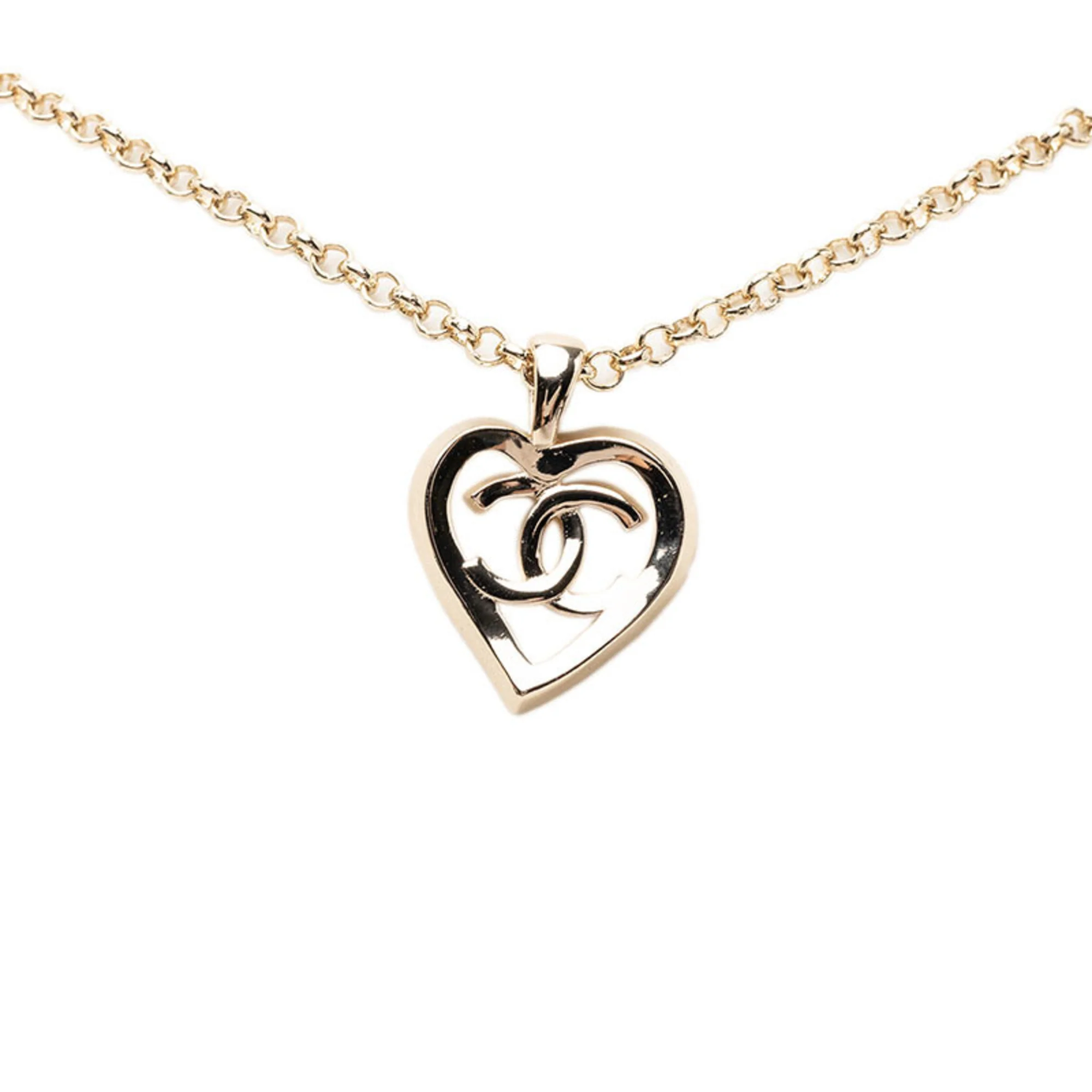 CC Logo Chain Heart Pendant Necklace Silver-Tone Metal