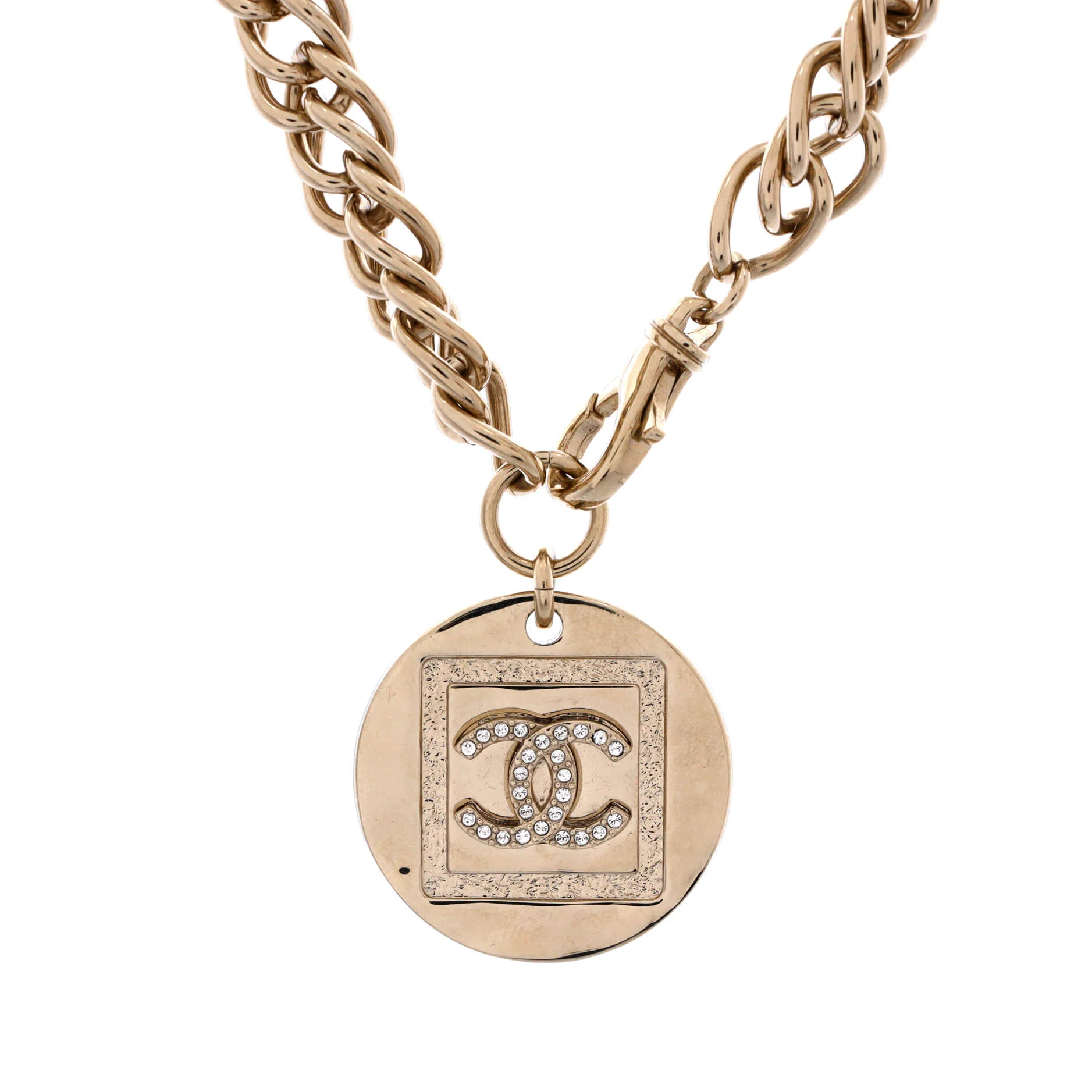 CC Round Charm Chain Choker Necklace Metal with Crystals