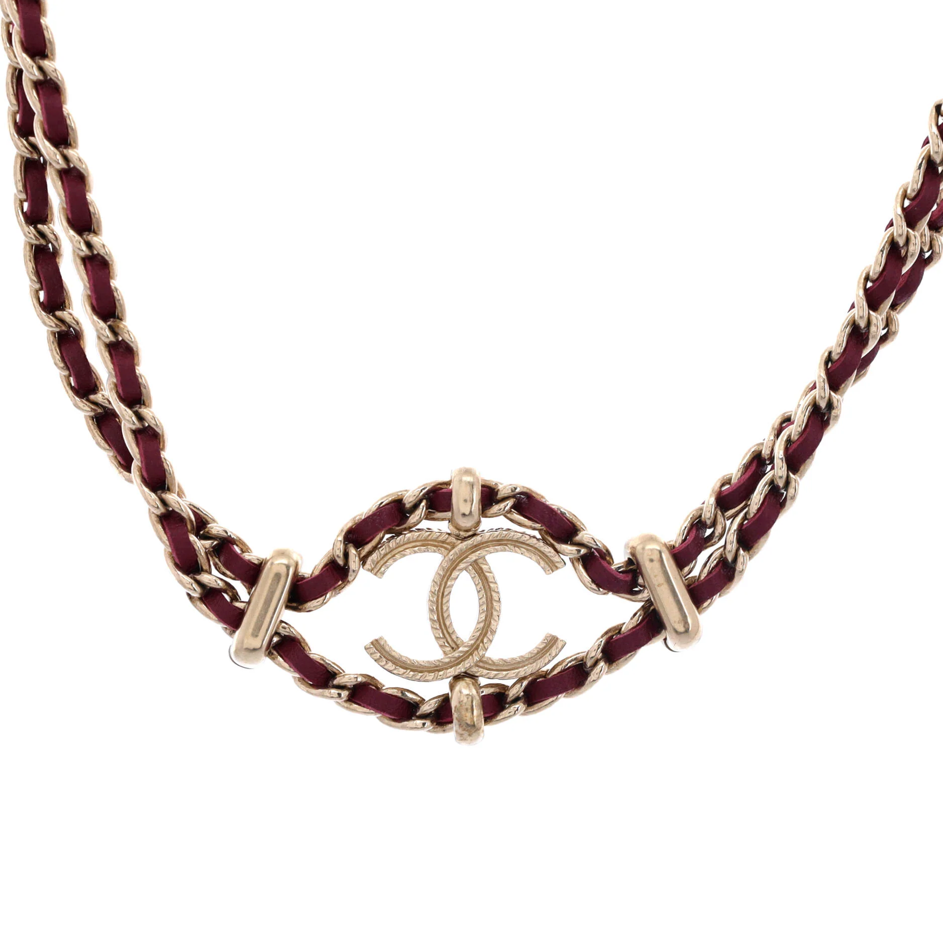CC Triple Chain Lariat Necklace Metal with Leather and Faux Pearls