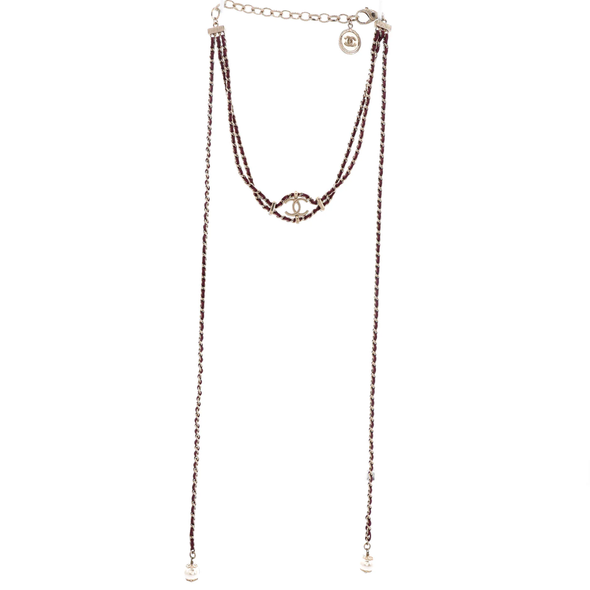 CC Triple Chain Lariat Necklace Metal with Leather and Faux Pearls - Image 2