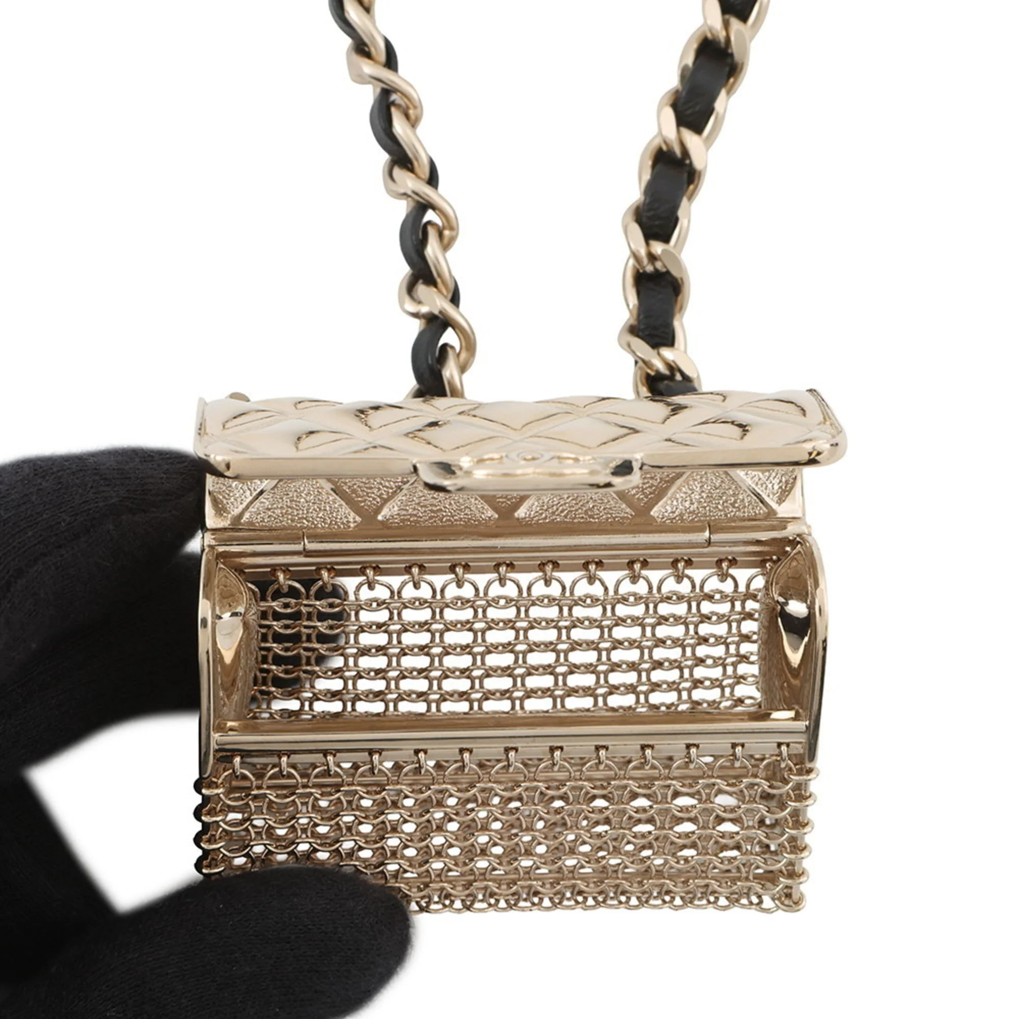 Matelassé Pendant Necklace Leather Black and Champagne Gold - Image 5