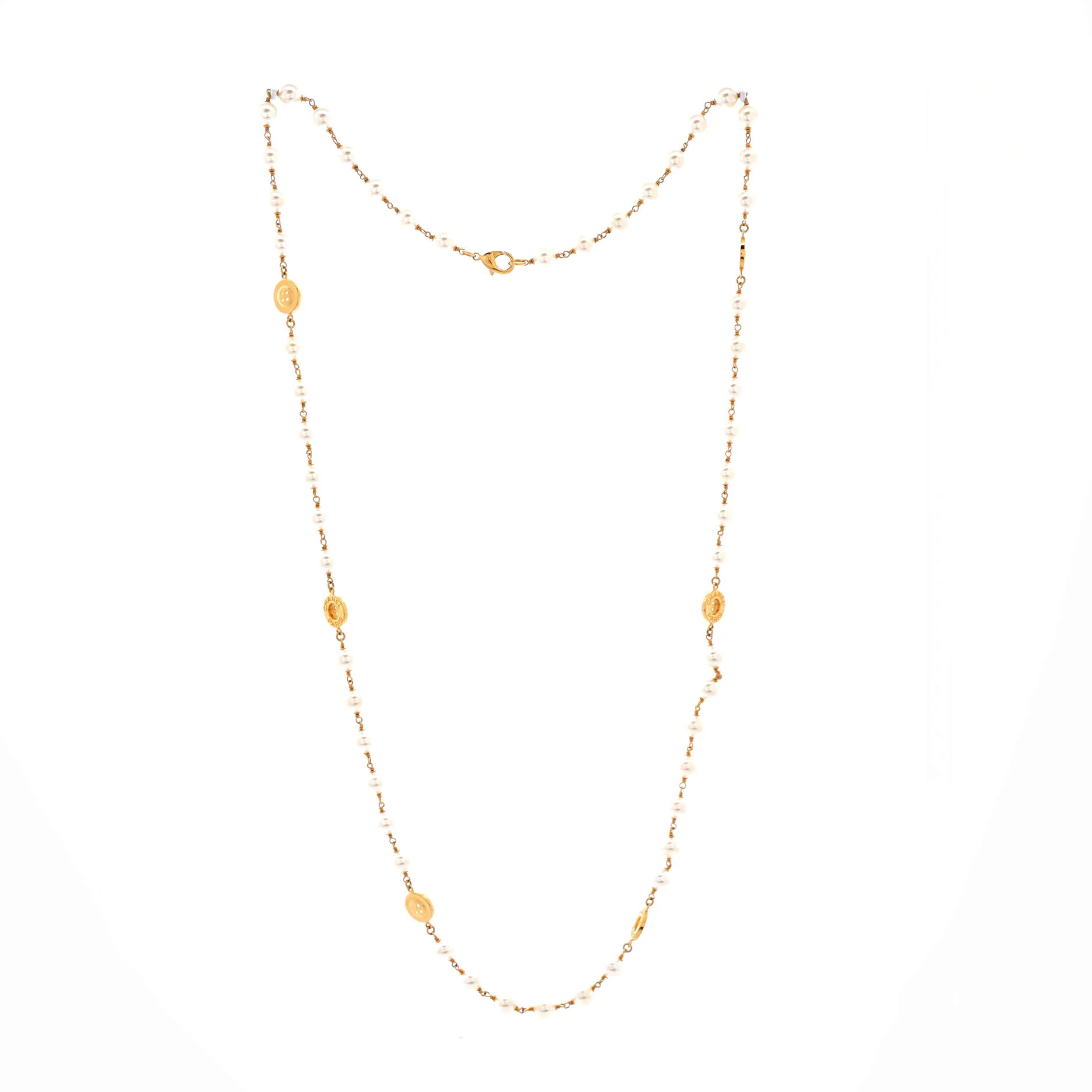 Paris Button Long Station Necklace Faux Pearls with Metal - Image 2
