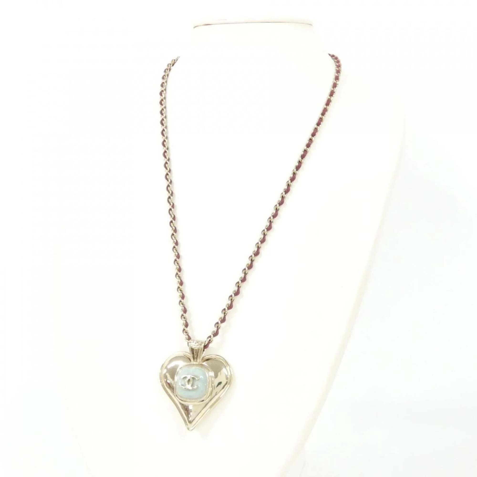 Pendant Necklace Leather Bordeaux Gold Light Blue - Image 5