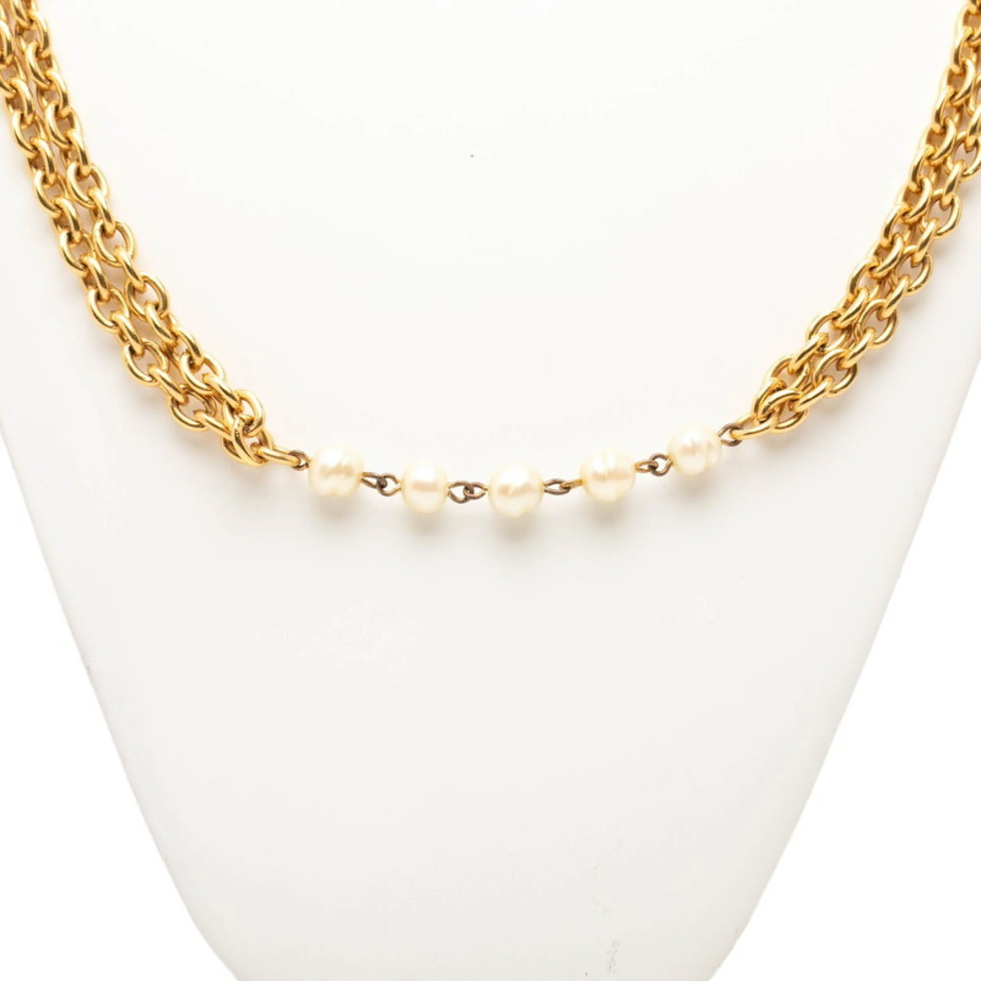 Pendant Necklace Metal Long Double Strand Faux Pearl - Image 2