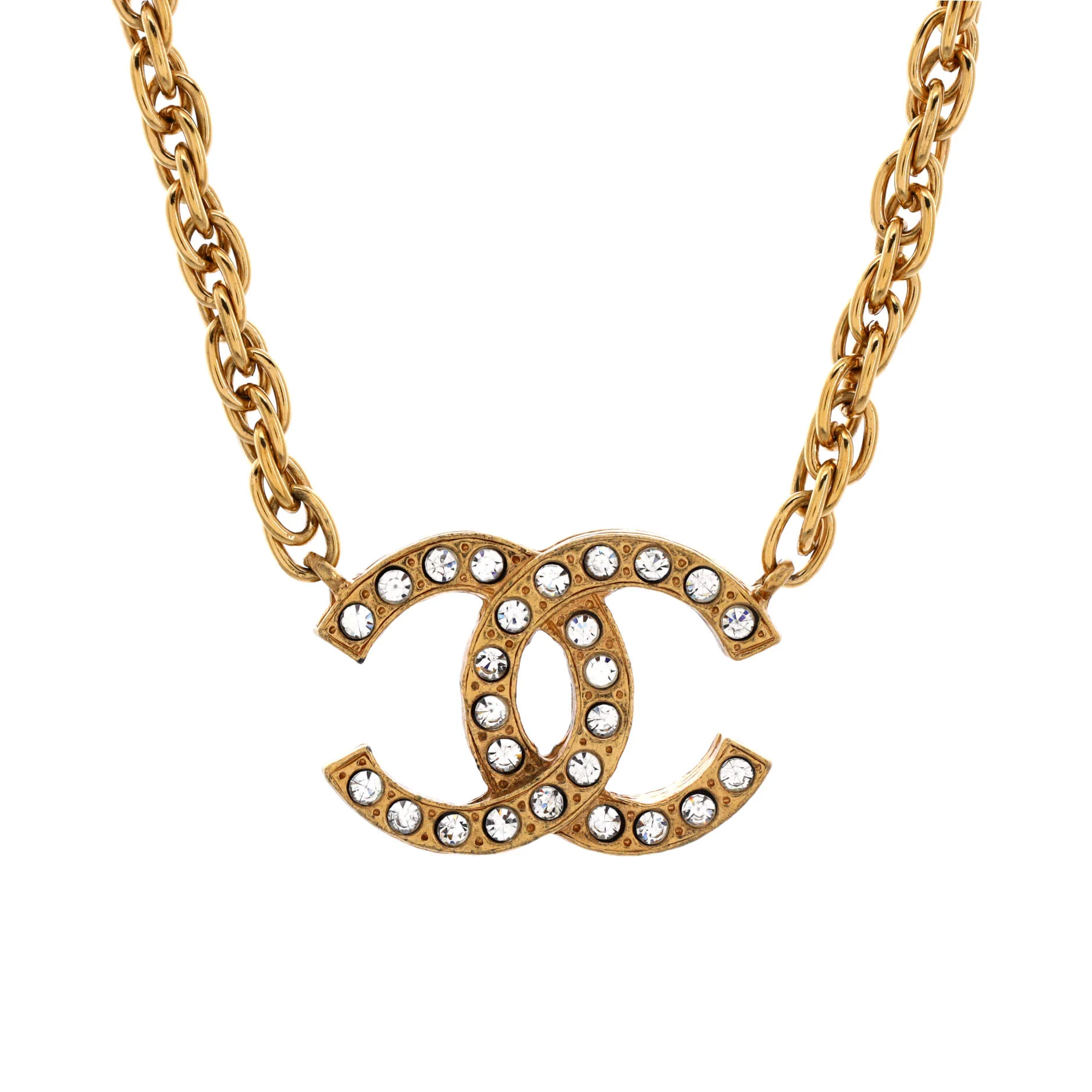Vintage CC Pendant Choker Necklace Metal with Crystals