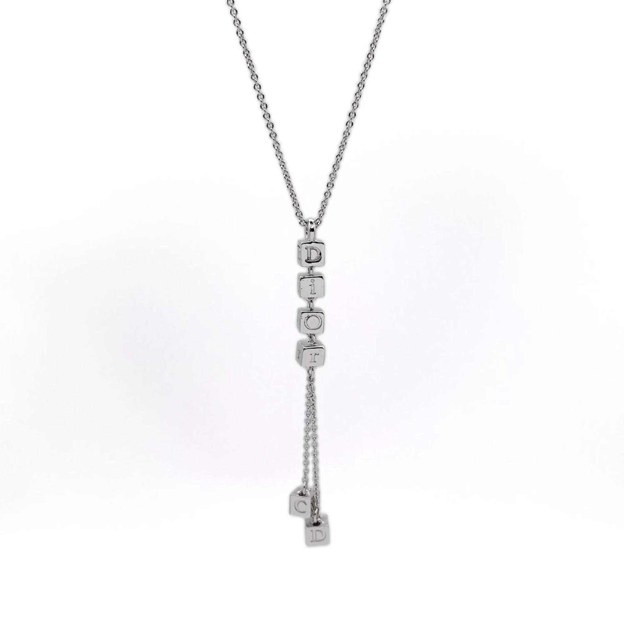 Dice Lariat Pendant Necklace Metal Silver With Rhinestone