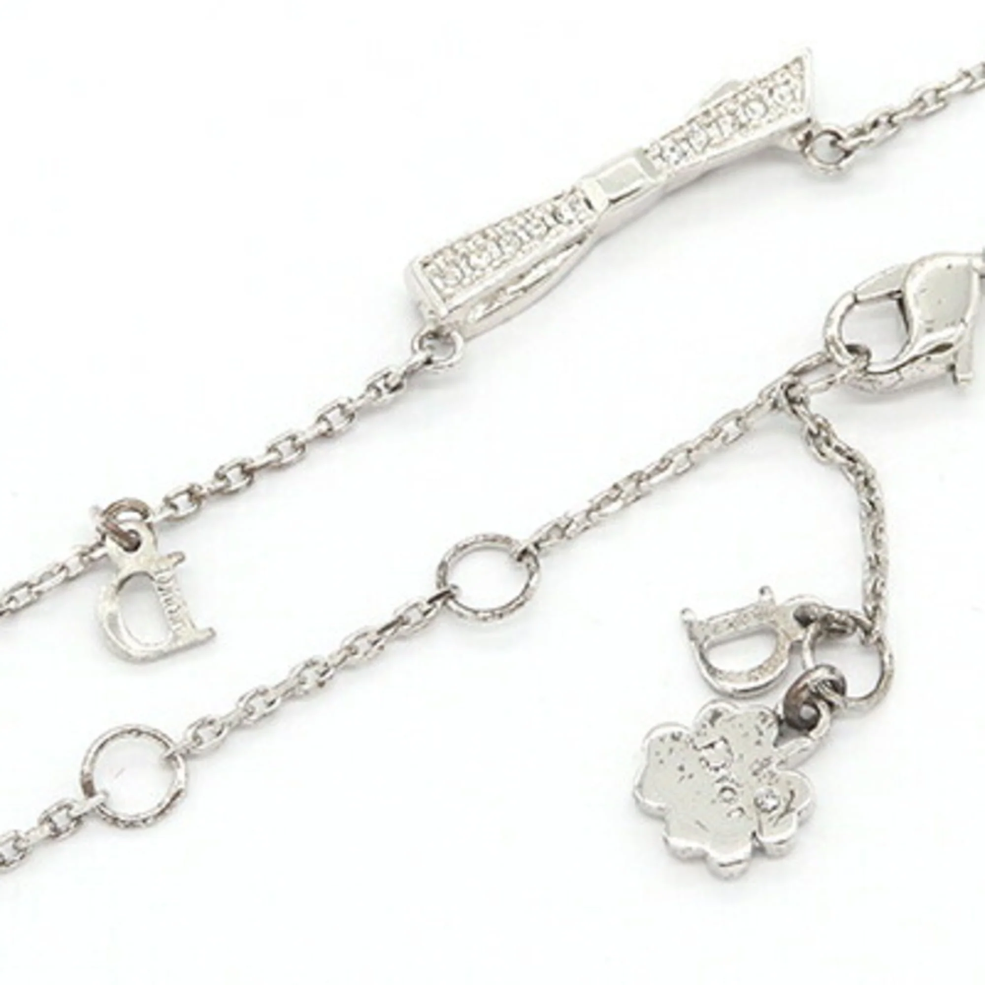Ribbon Design Pendant Necklace Metal and Rhinestone Silver - Image 3