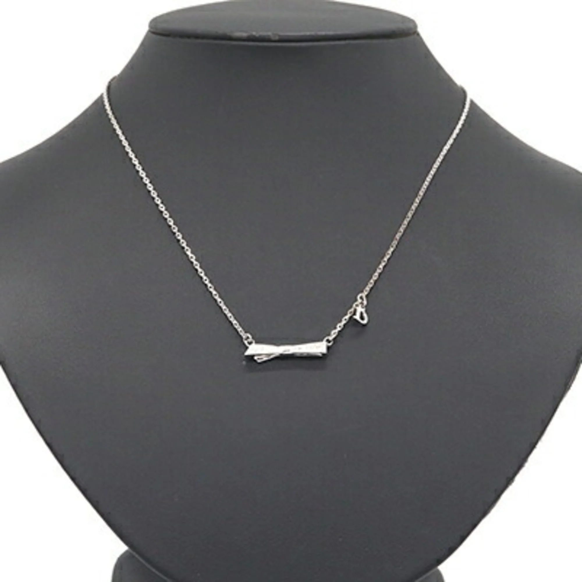 Ribbon Design Pendant Necklace Metal and Rhinestone Silver - Image 7