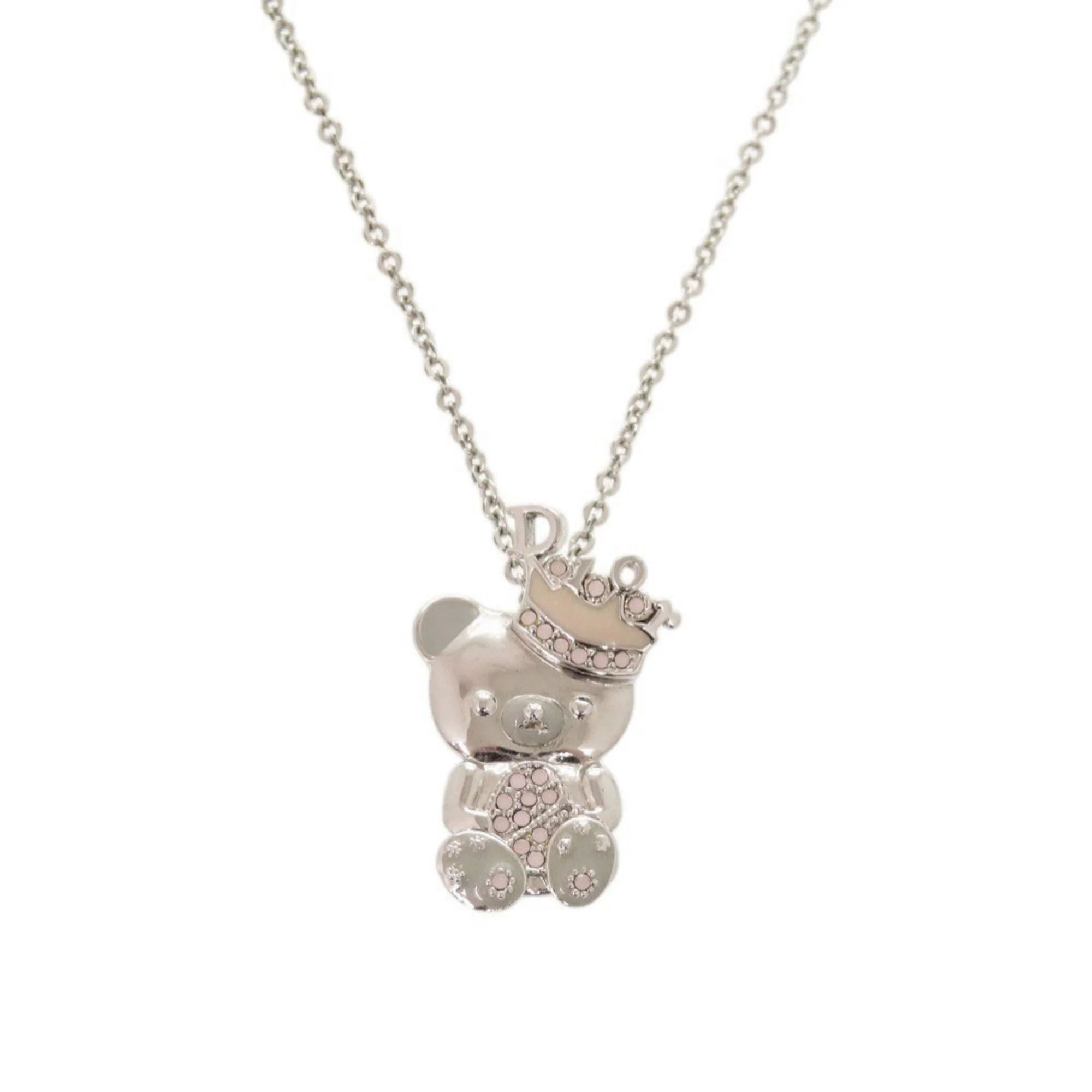 Teddy Bear Crown Pendant Necklace Metal Silver