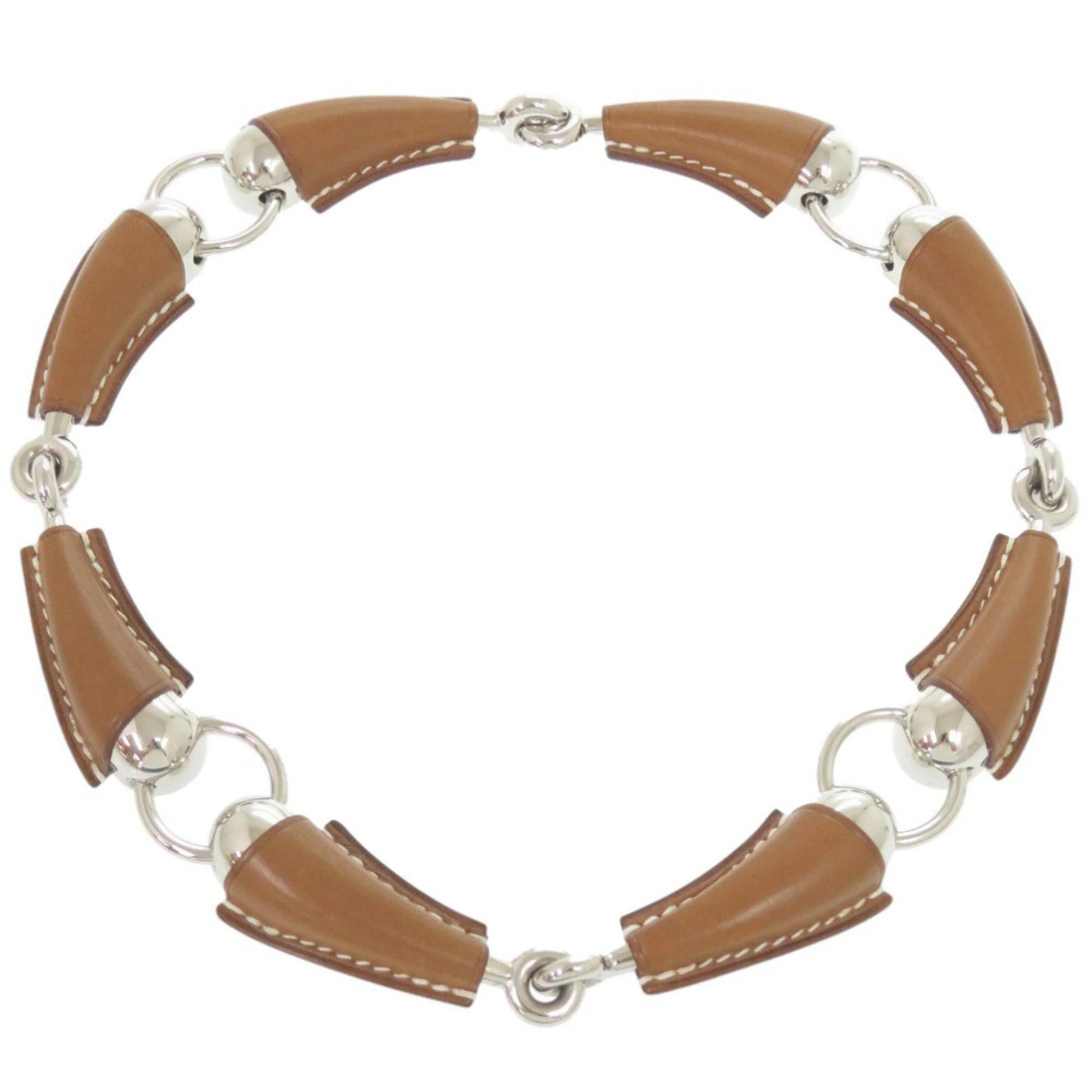 Pendant Necklace Barenia Leather and Metal Brown and Silver