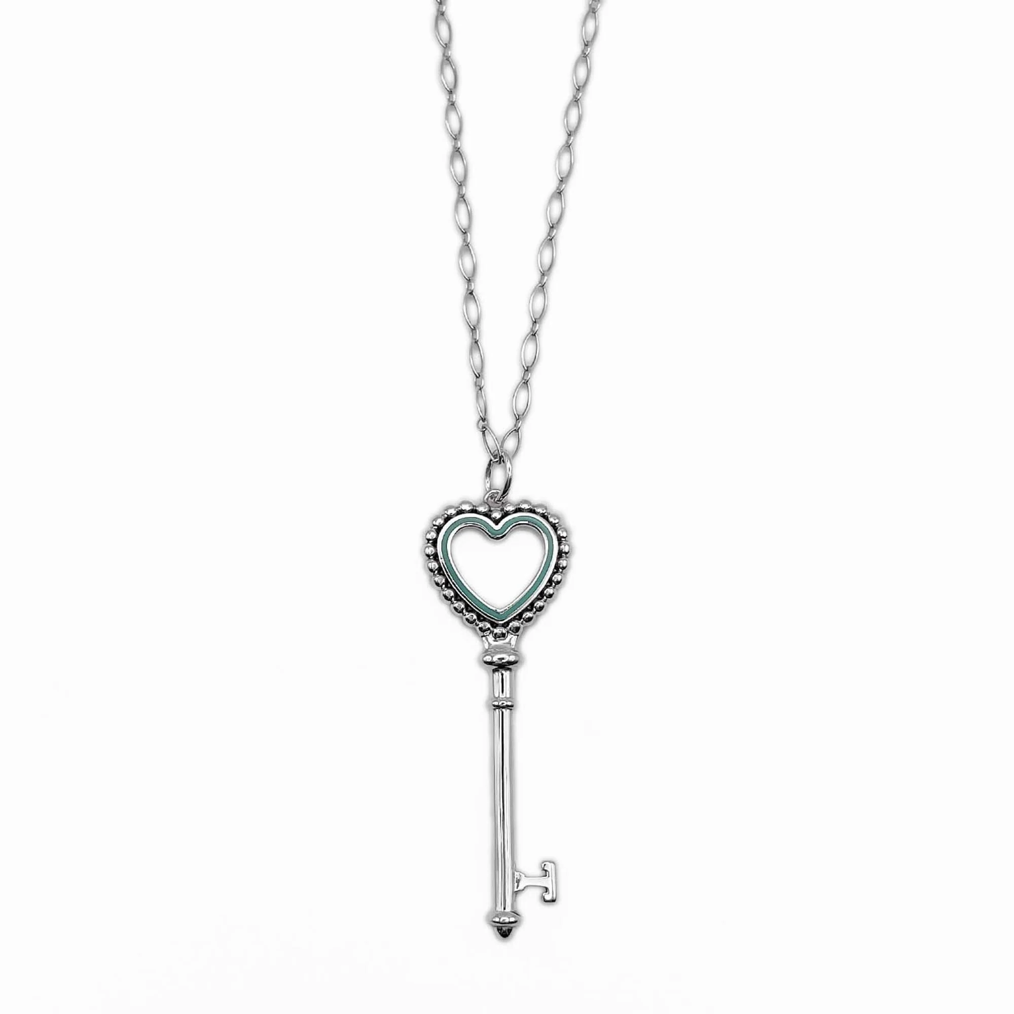 Beaded Heart Key Pendant Necklace Enamel and Sterling Silver