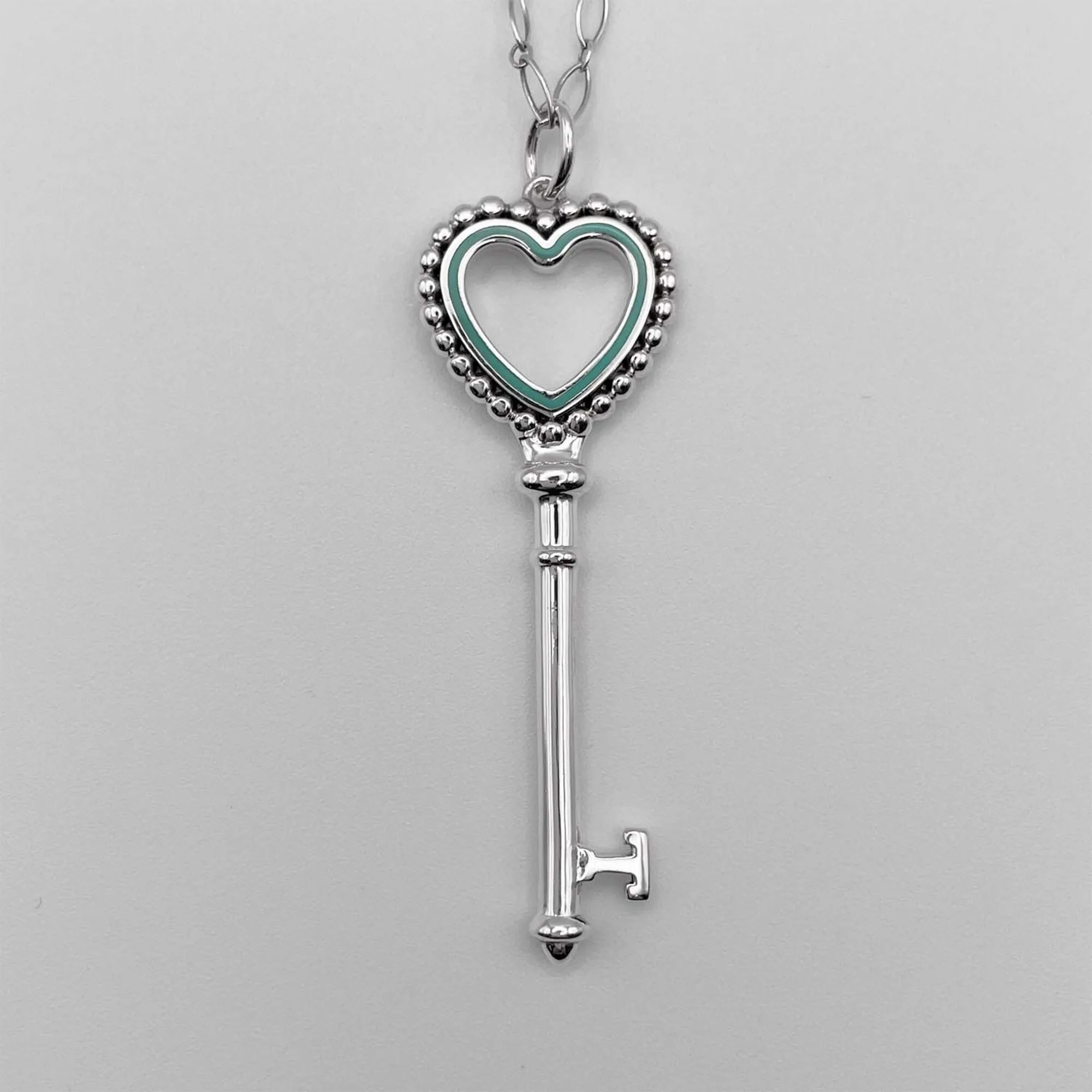 Beaded Heart Key Pendant Necklace Enamel and Sterling Silver - Image 2