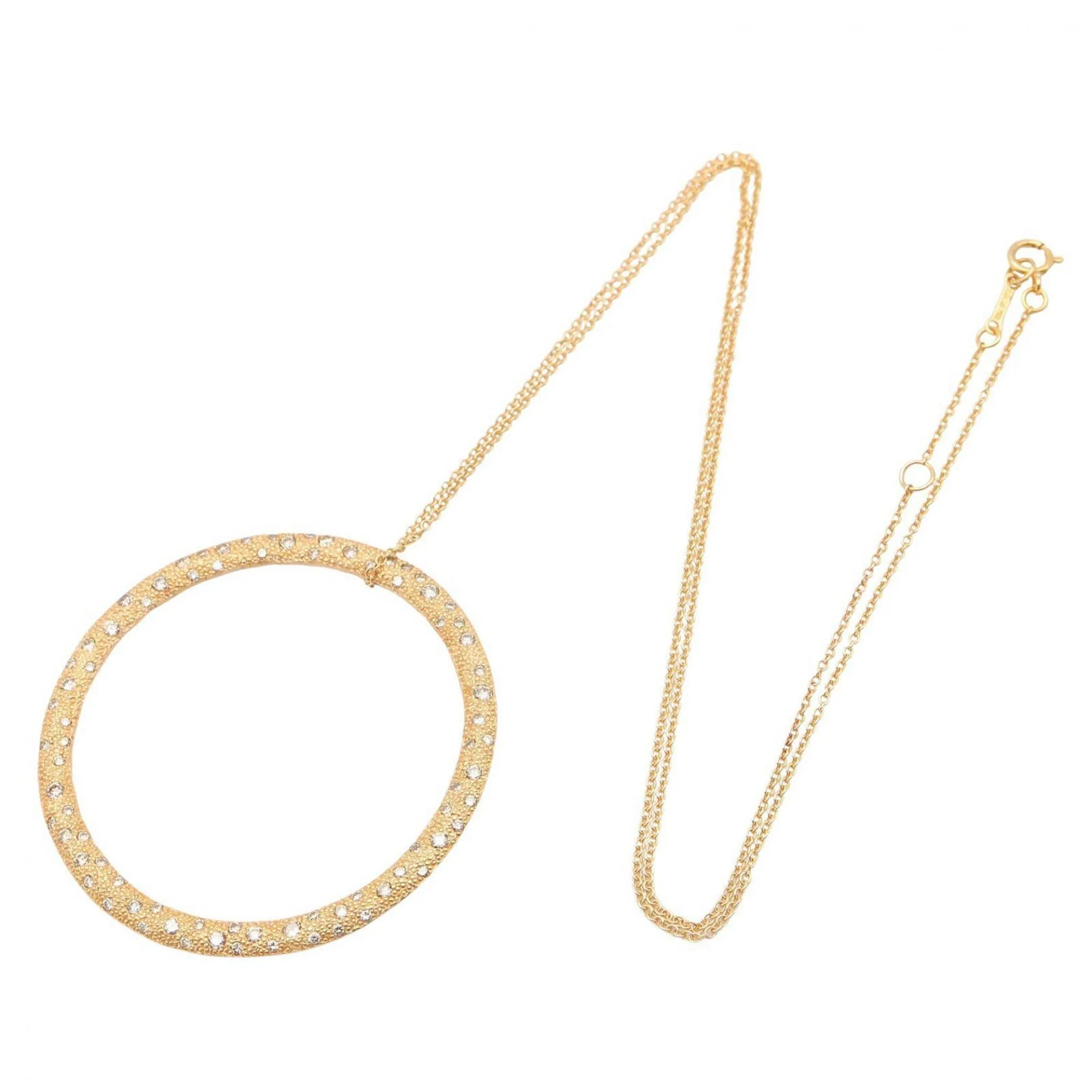 Diamond Hammered Circle Pendant Necklace 18K Yellow Gold Large - Image 2