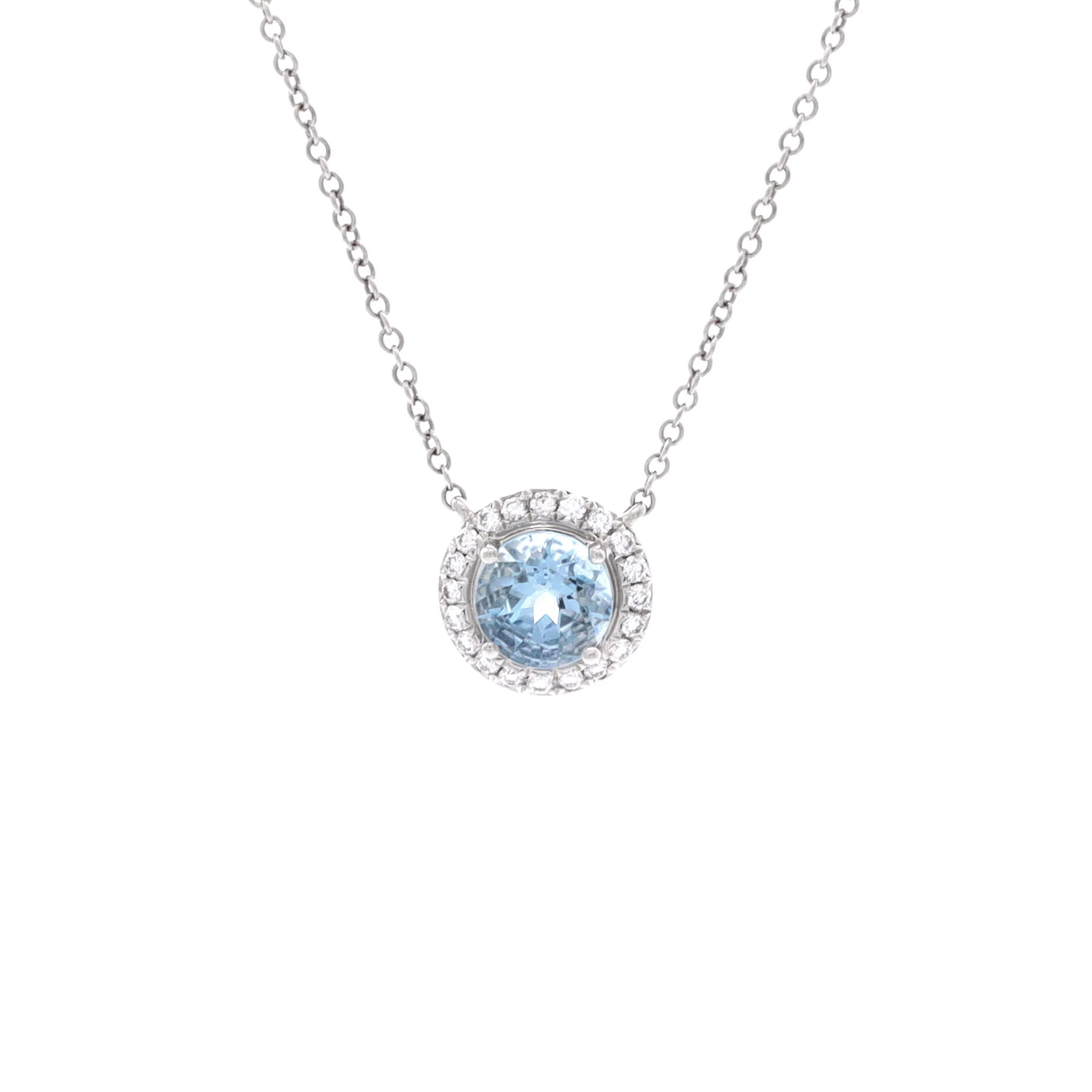 Soleste Round Pendant Necklace Platinum with Diamonds and Aquamarine