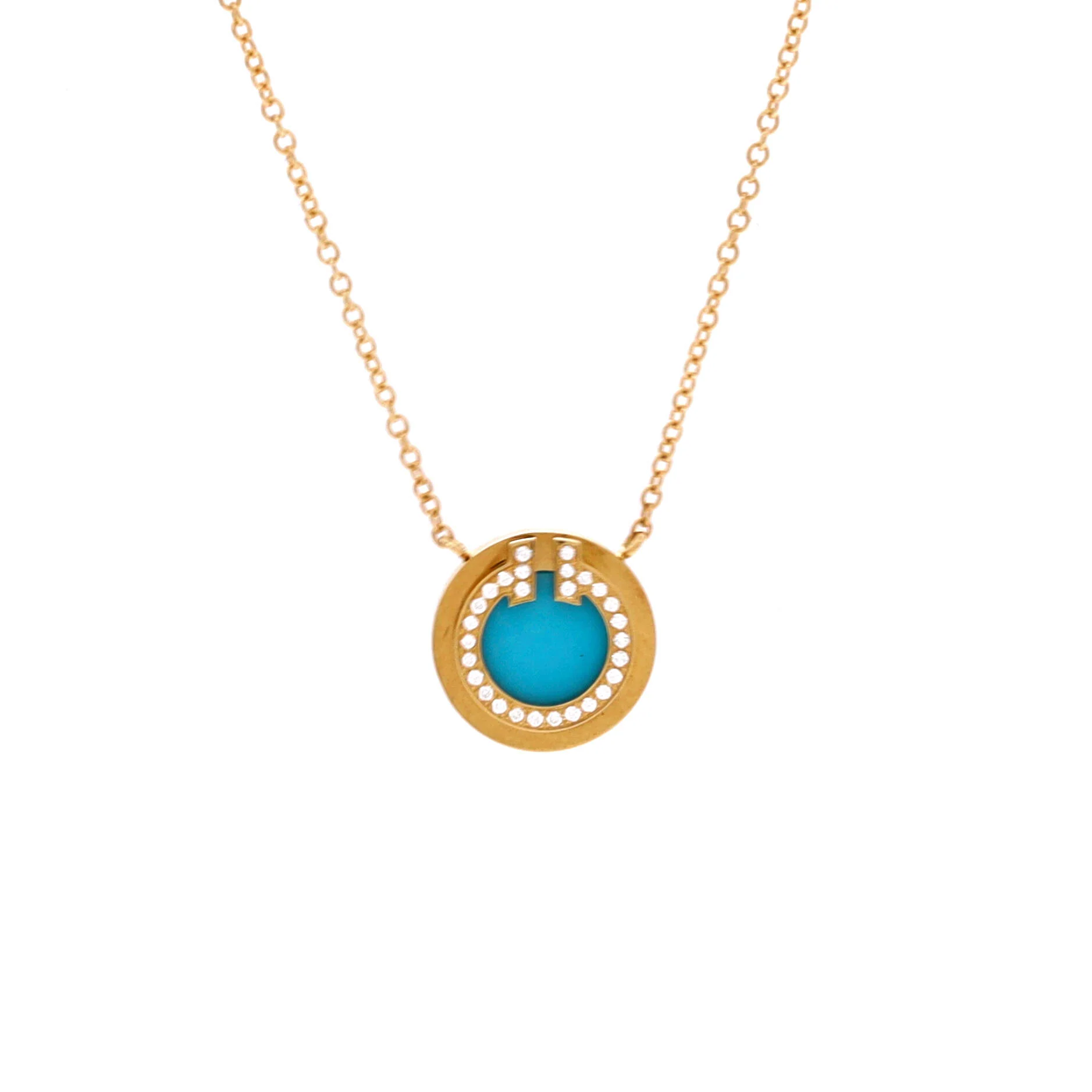 T Circle Pendant Necklace 18K Yellow Gold with Turquoise and Diamonds Small