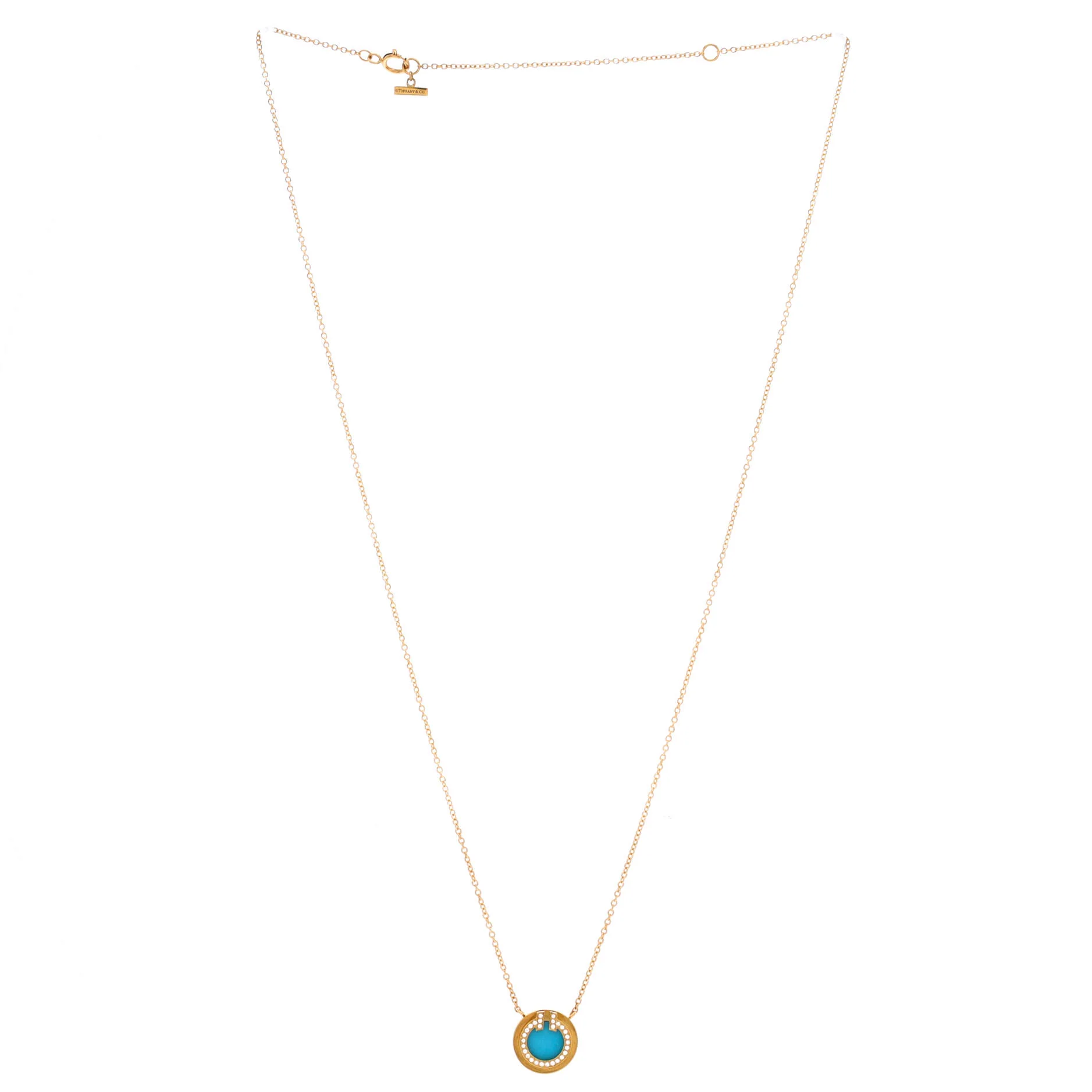 T Circle Pendant Necklace 18K Yellow Gold with Turquoise and Diamonds Small - Image 3