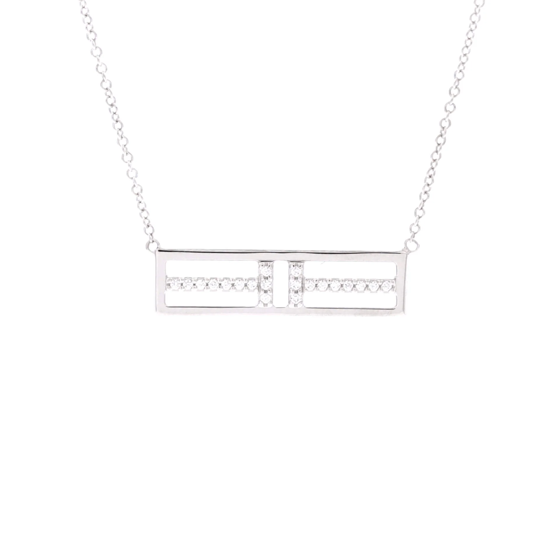 T Open Horizontal Bar Pendant Necklace 18K White Gold with Diamond