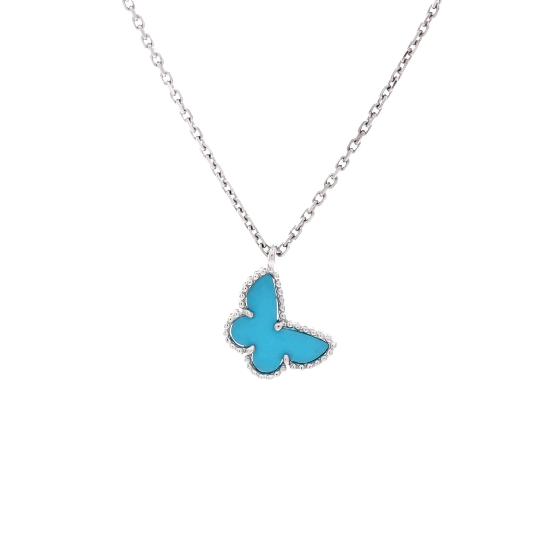 Sweet Alhambra Butterfly Pendant Necklace 18K White Gold with Turquoise