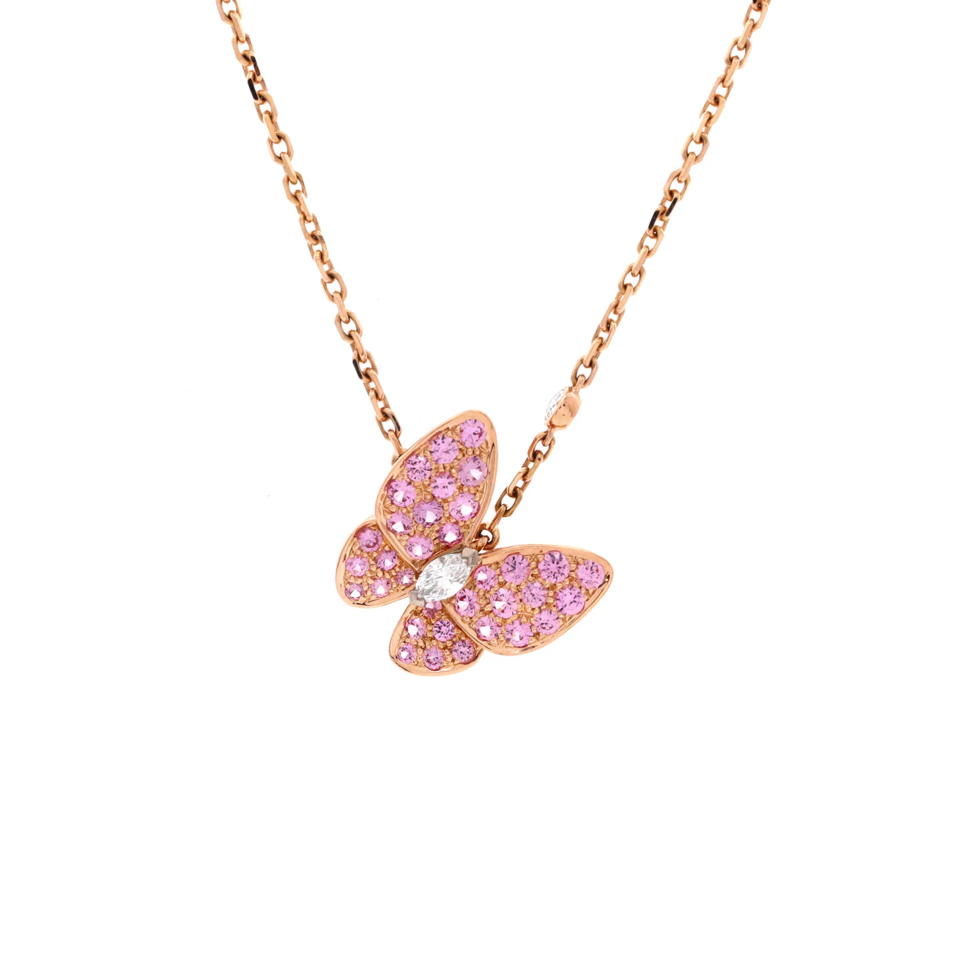 Two Butterfly Pendant Necklace 18K Rose Gold with Pink Sapphires and Diamonds