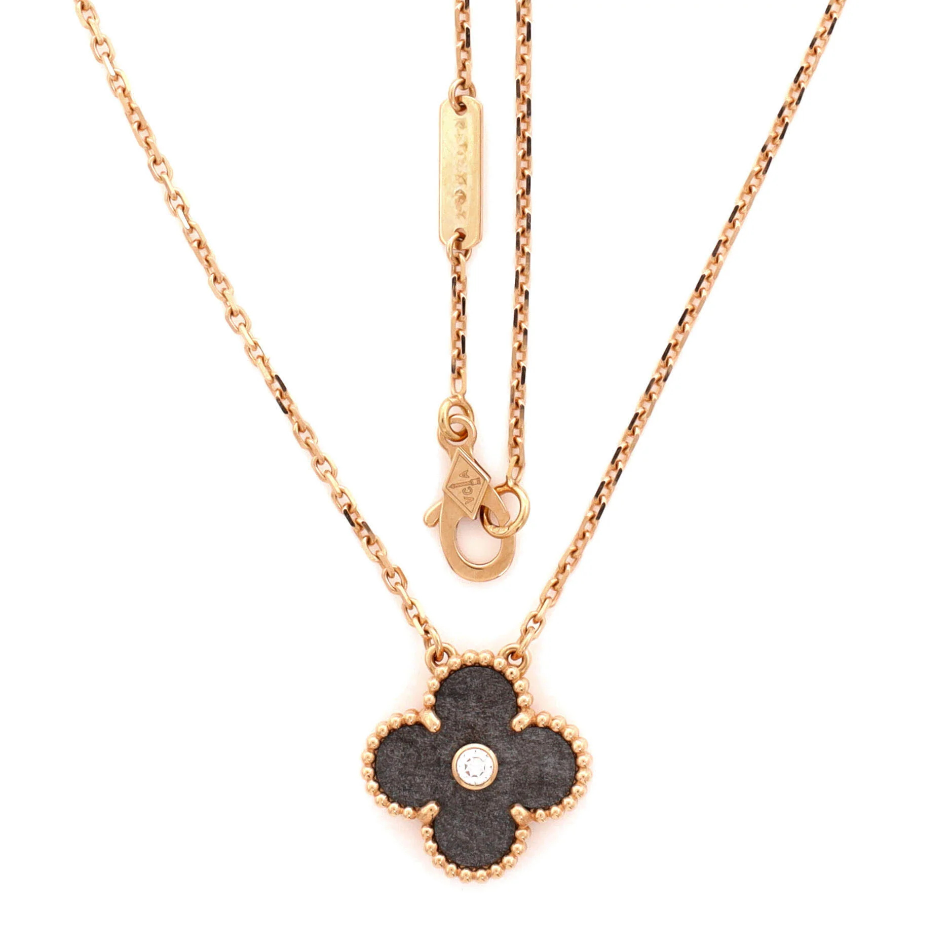 Vintage Alhambra Pendant Necklace 18K Rose Gold and Silver Obsidian with Diamond - Image 3