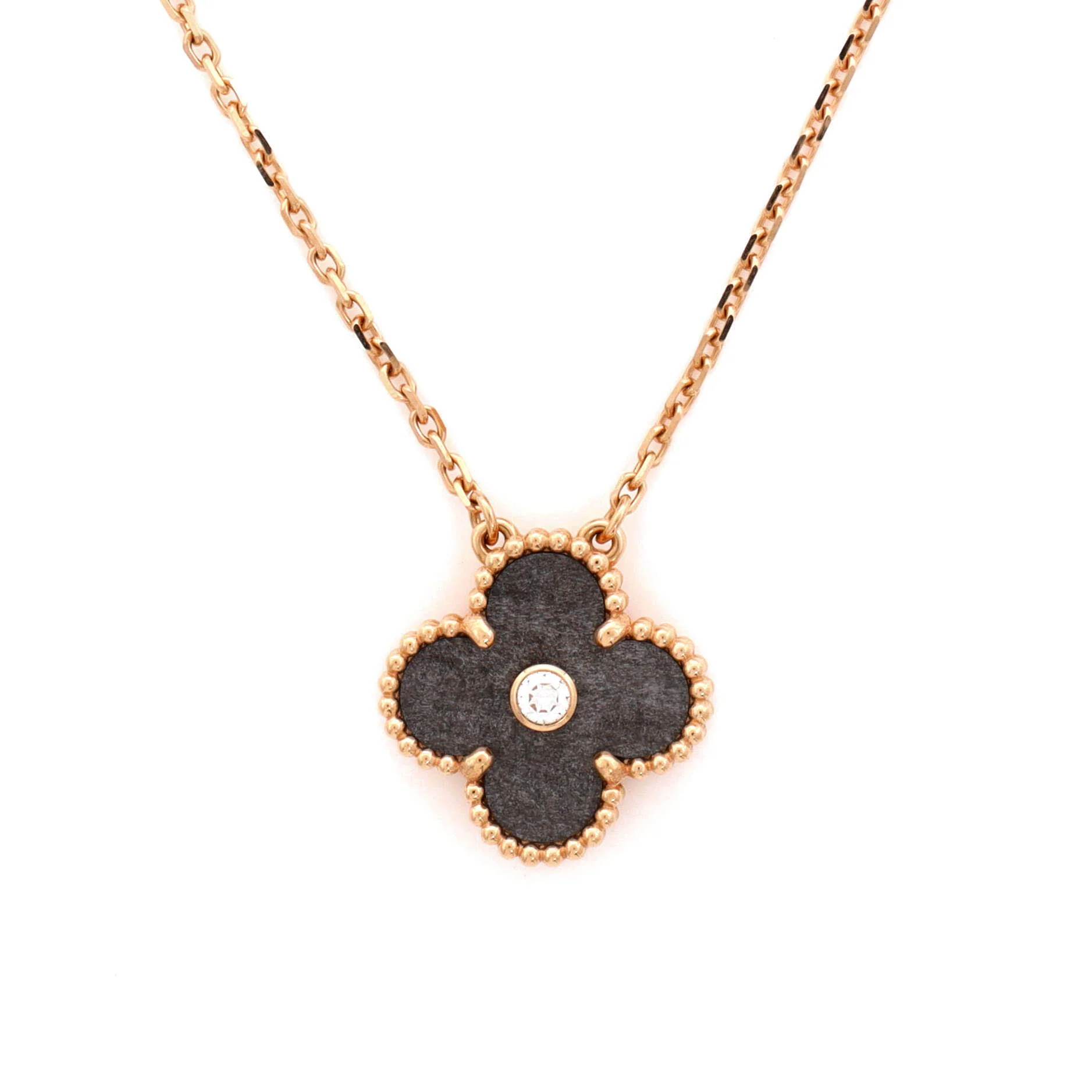 Vintage Alhambra Pendant Necklace 18K Rose Gold and Silver Obsidian with Diamond - Image 4