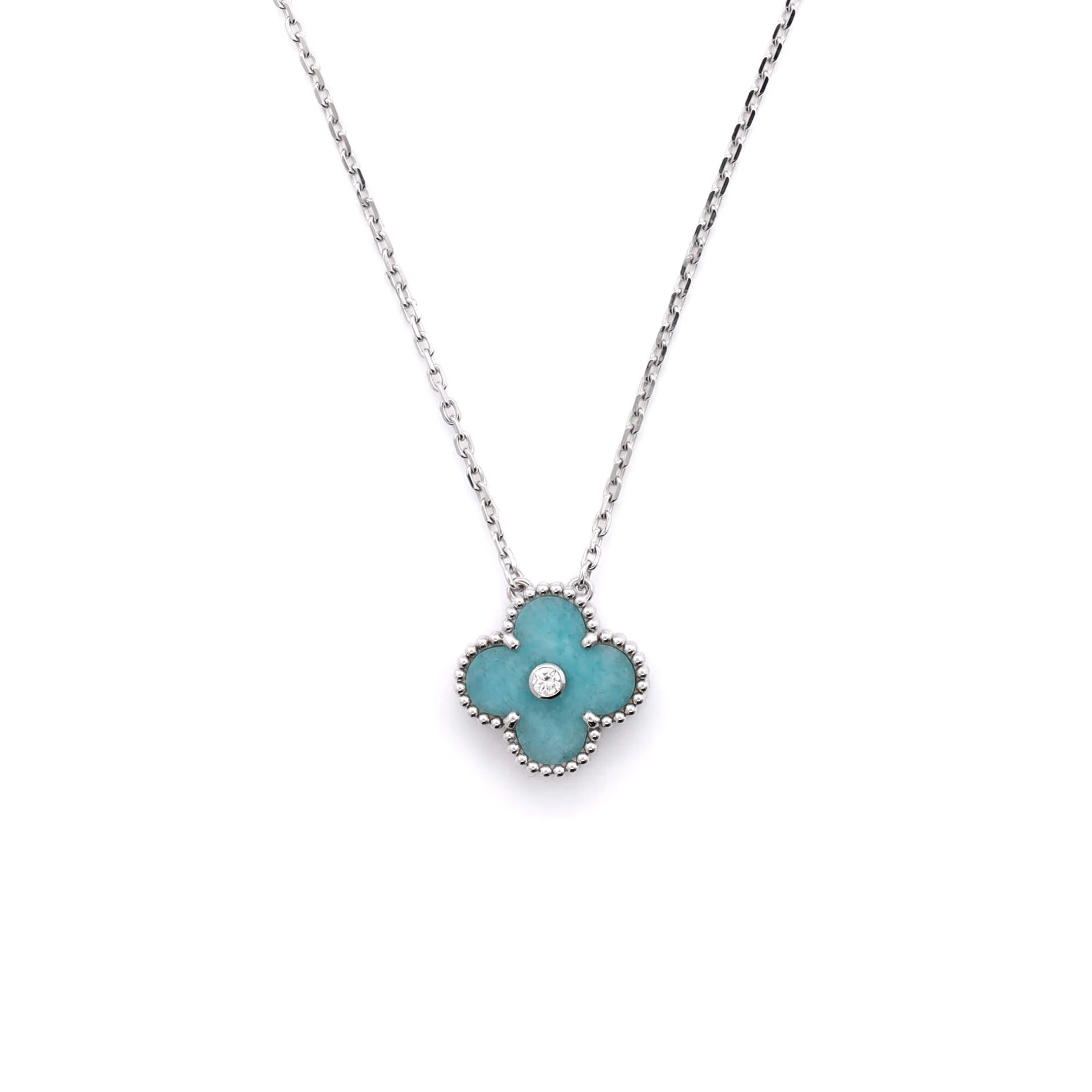 Vintage Alhambra Pendant Necklace 18K White Gold and Green Celadon Sevres Porcelain with Diamond