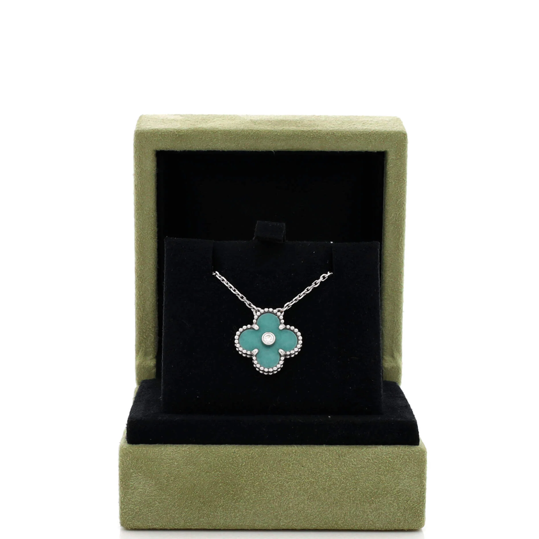 Vintage Alhambra Pendant Necklace 18K White Gold and Green Celadon Sevres Porcelain with Diamond - Image 2