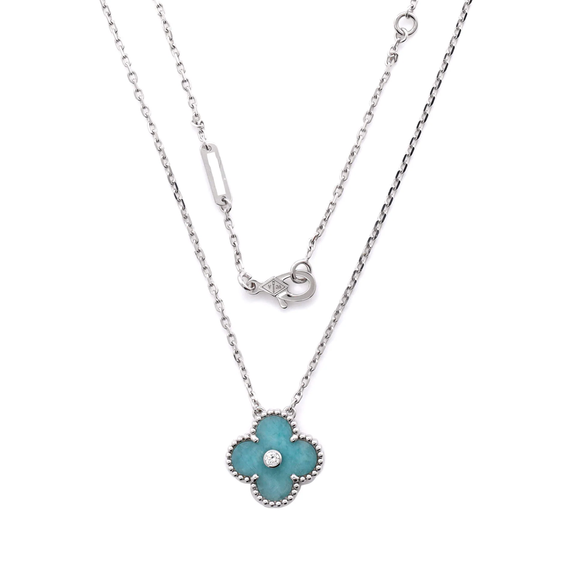 Vintage Alhambra Pendant Necklace 18K White Gold and Green Celadon Sevres Porcelain with Diamond - Image 3