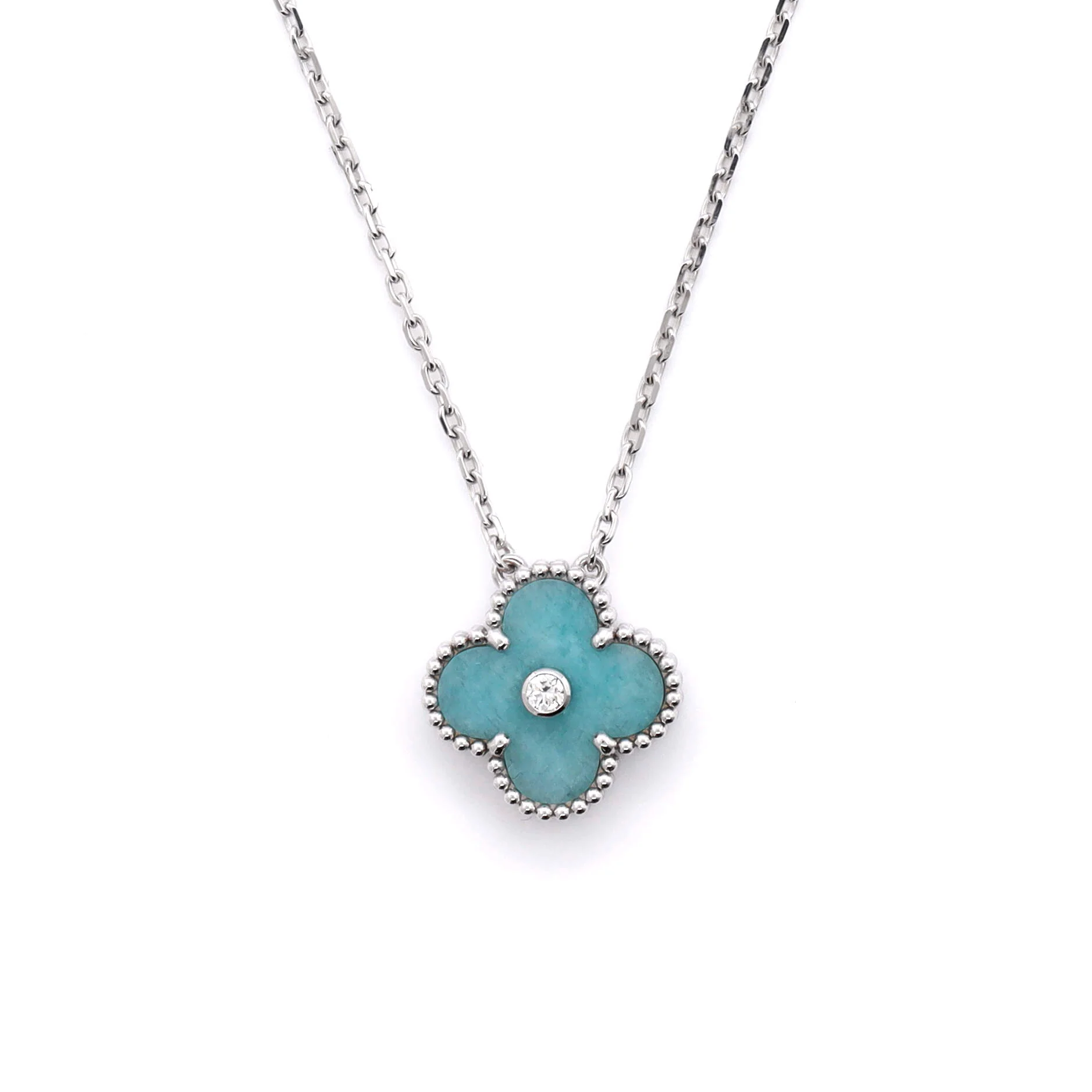 Vintage Alhambra Pendant Necklace 18K White Gold and Green Celadon Sevres Porcelain with Diamond - Image 4
