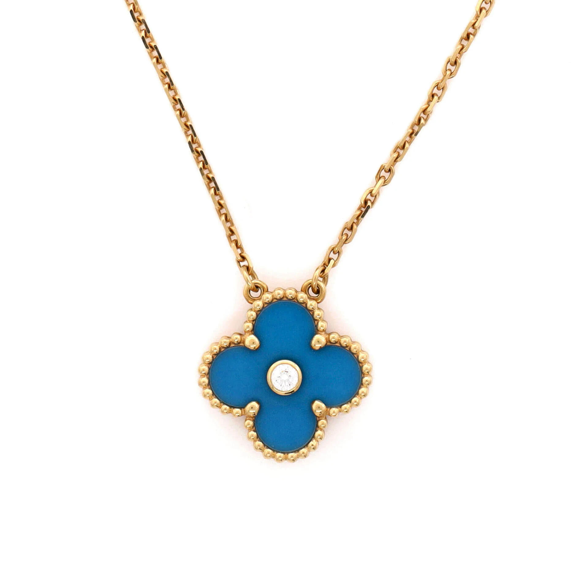 Vintage Alhambra Pendant Necklace 18K Yellow Gold and Blue Sevres Porcelain with Diamond - Image 3